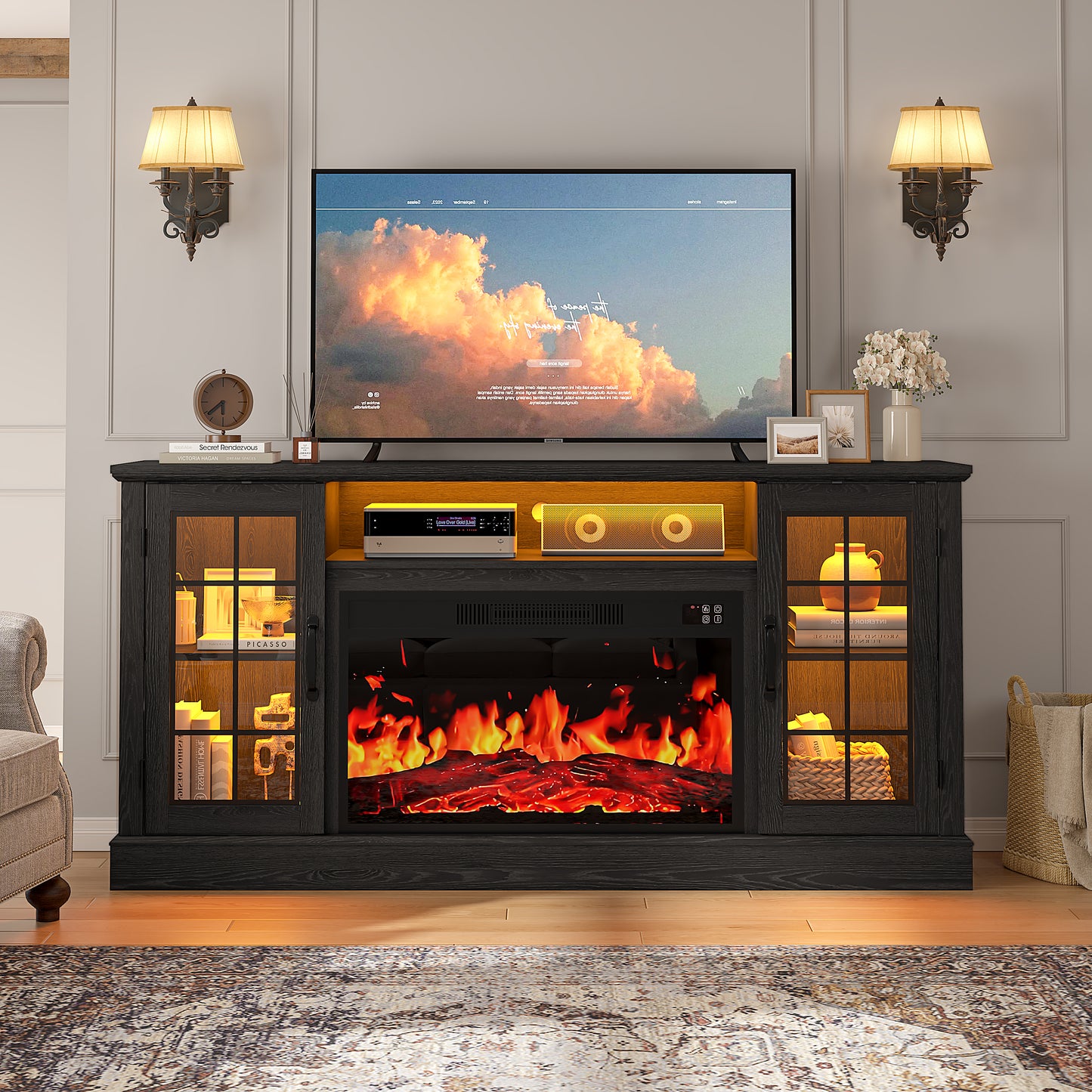 HSUNNS Fireplace Electric TV Stand TV with LED Light, Modern Entertainment Center With Virtual Flame Fireplace, 2 Cabinet Storage, Glass Door, Storage Shelves, Black
