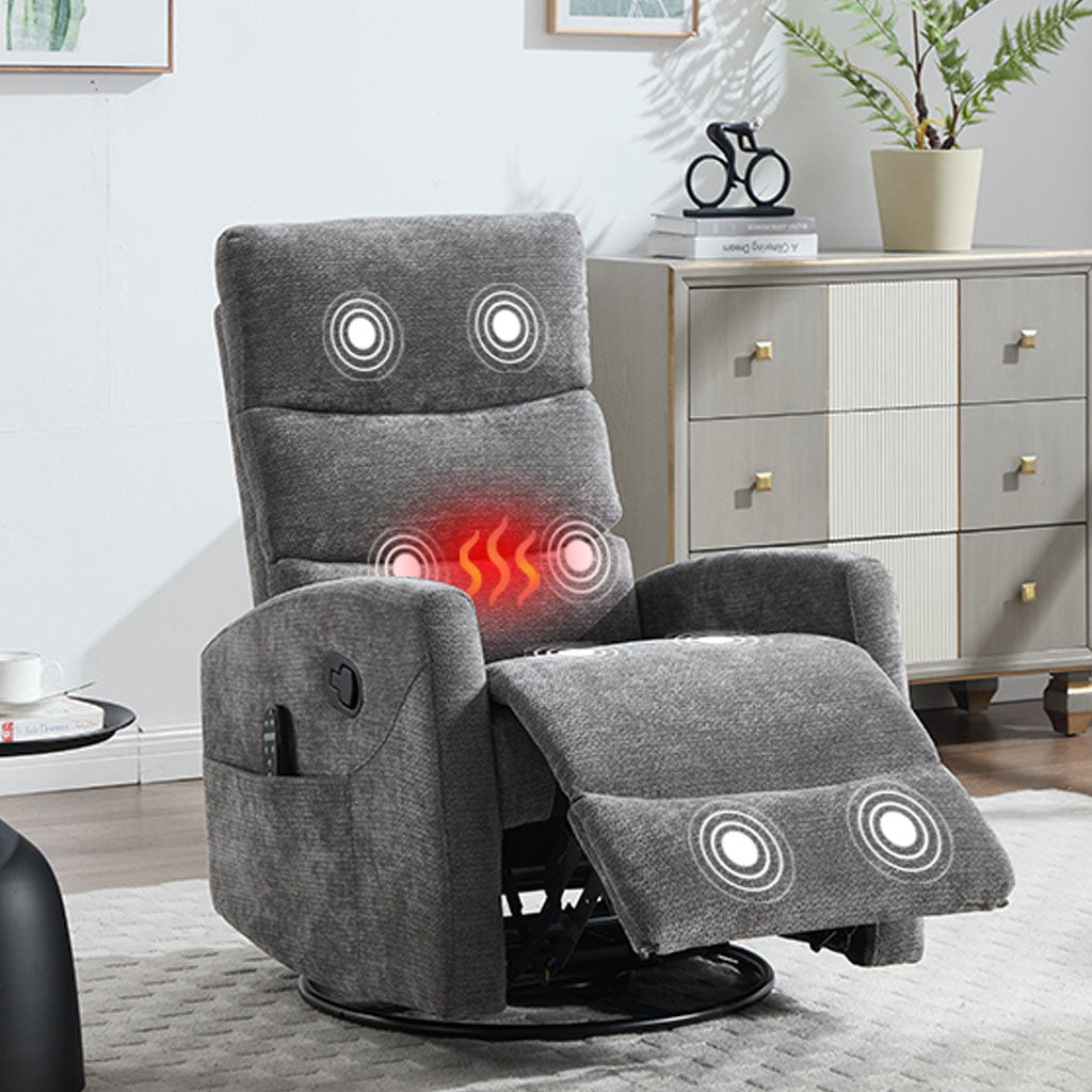 HSUNNS 360° Swivel Rocker Recliner Chair with Heat Massage, Chenille Manual Single Rocker Sofa Recliner Chair with Side Pockets for Living Room Home Theater