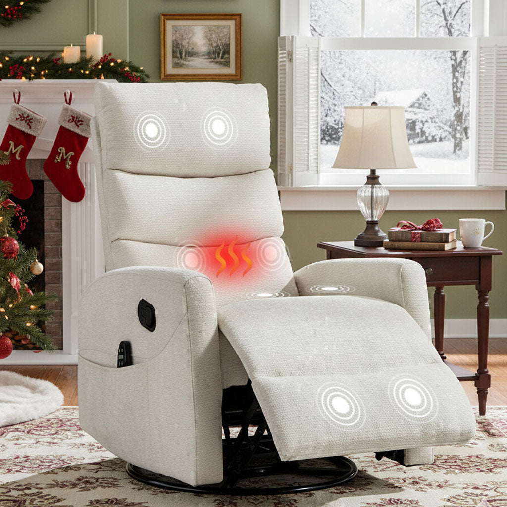 HSUNNS 360° Swivel Rocker Recliner Chair with Heat Massage, Chenille Manual Single Rocker Sofa Recliner Chair with Side Pockets for Living Room Home Theater