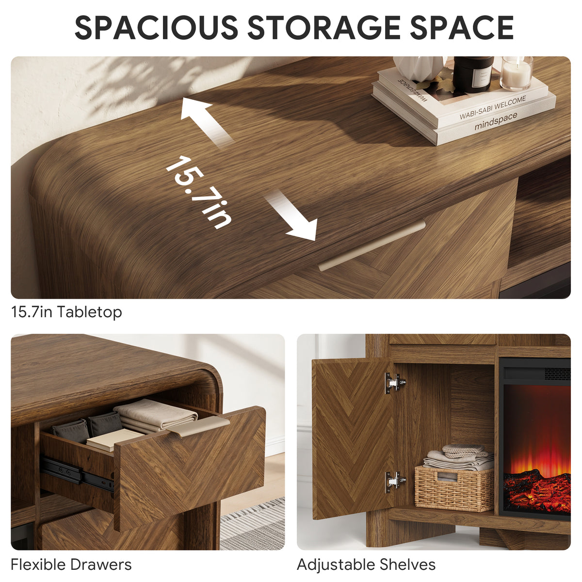 HSUNNS Warm Modern Fireplace TV Stand with Herringbone Storage Drawers & Cabinets, 63" Rounded Entertainment Center for TVs up to 70", Television Table With 30" Fireplace for Living Room
