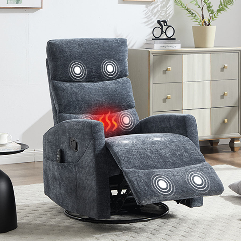 HSUNNS 360° Swivel Rocker Recliner Chair with Heat Massage, Chenille Manual Single Rocker Sofa Recliner Chair with Side Pockets for Living Room Home Theater