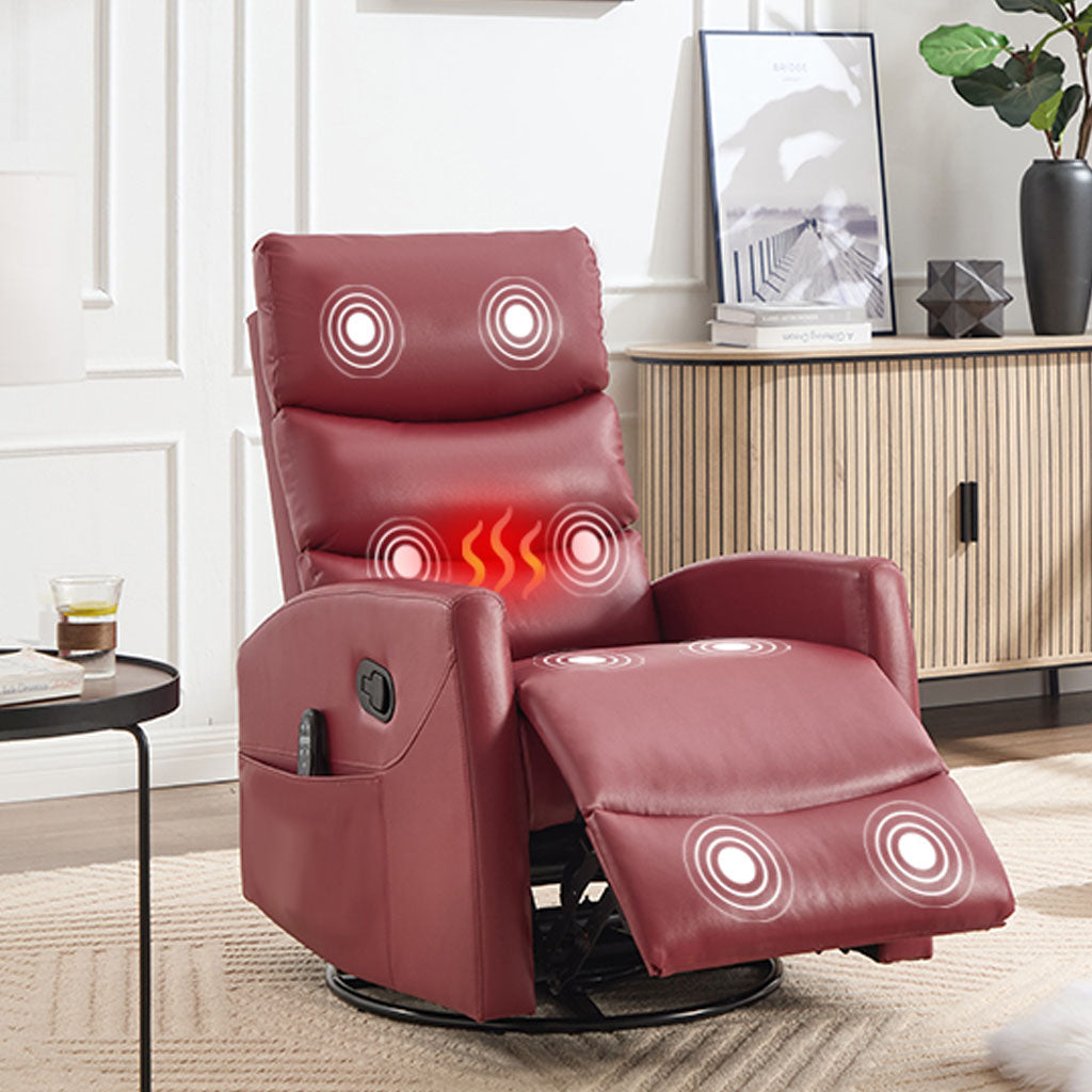 HSUNNS Swivel Rocker Recliner for Adults, Faux Leather Swivel Rocker Recliner Chair with Heat Therapy and Massage, Manual Single Rocker Sofa with Side Pockets for Living Room Home Theater