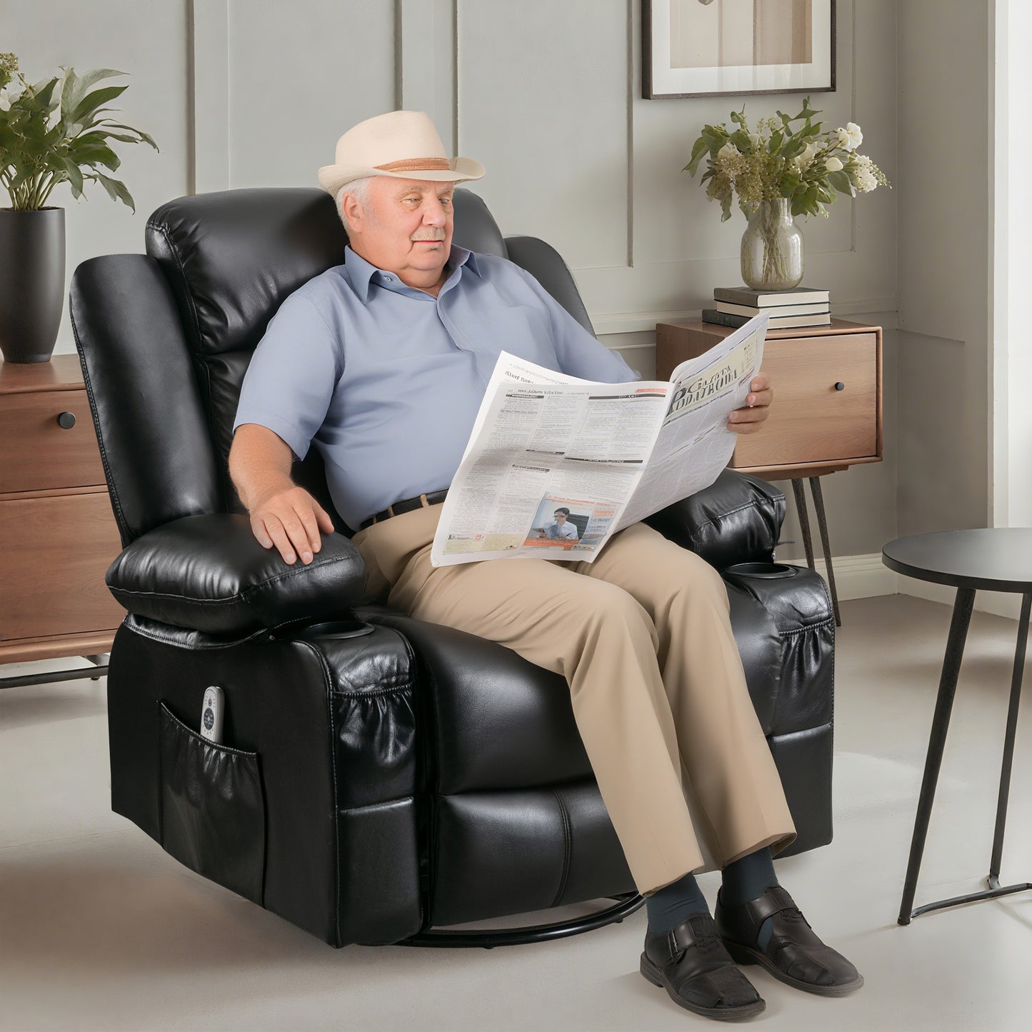 HSUNNS 360°Swivel Recliner Chair for Adults, Living Room PU Leather Recliner Chair with Massage and Heat, Single Sofa with USB Port, 2 Cup Holder, Side and Front Pocket, Black