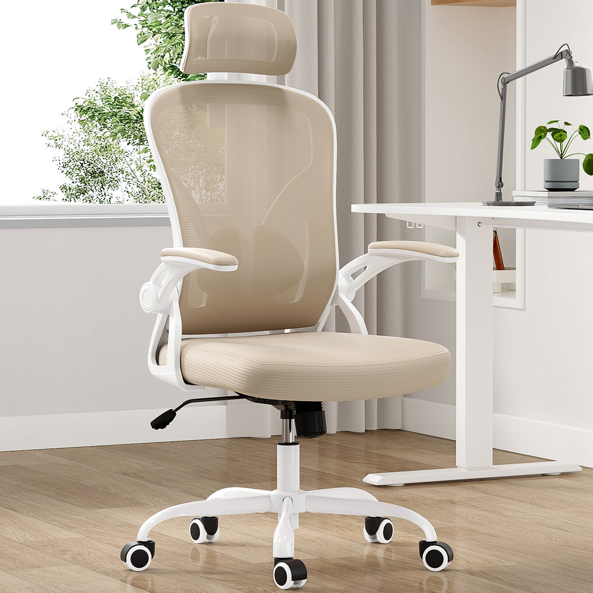 HSUNNS Ergonomic Office Chair, Lumbar Support, Adjustable Height Computer Desk Chair 300LBS Capacity with Armrests for Adults, Khaki