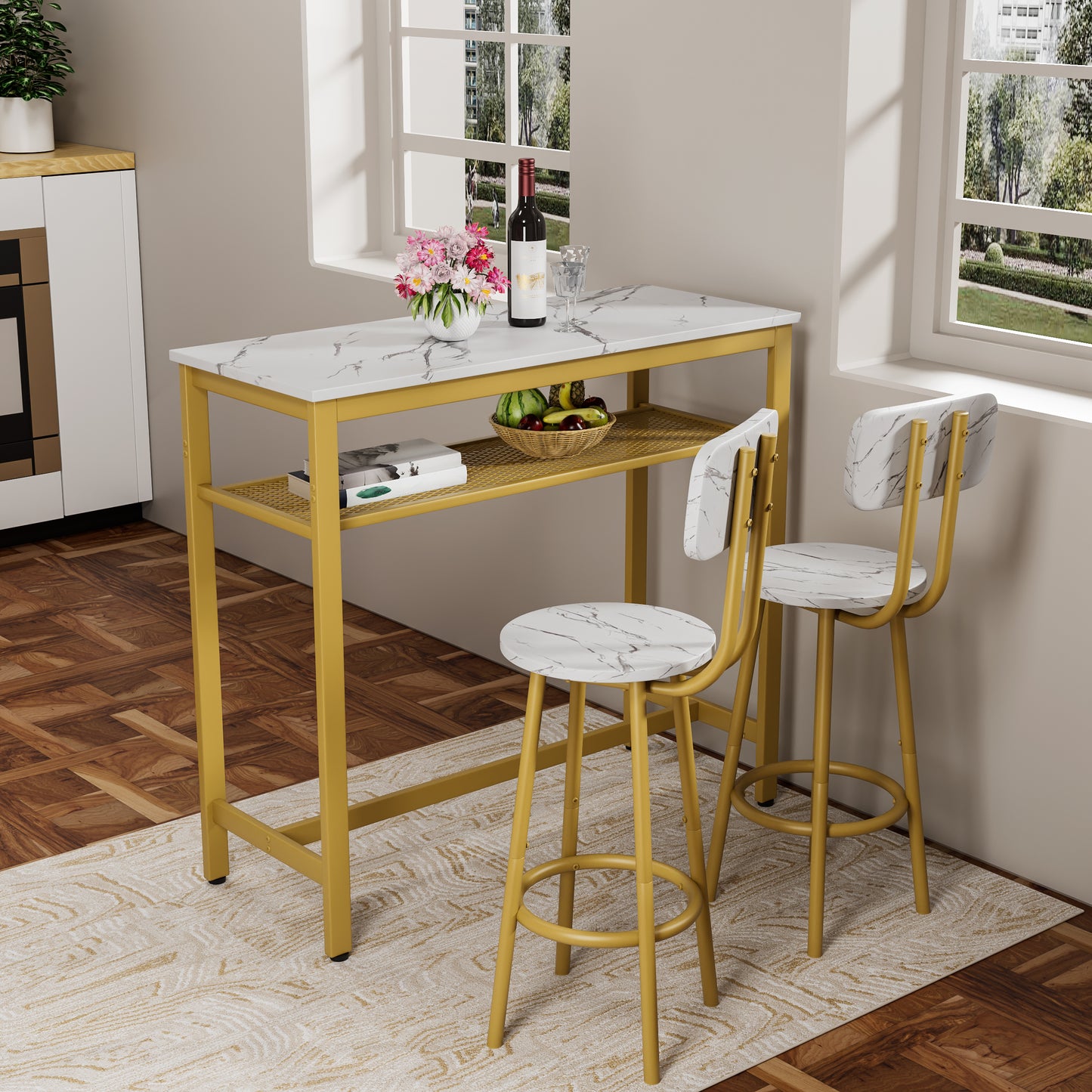 HSUNNS 3-Piece Bar Table Set with 2 Stools, 40” Rectangular Pub Table with Sturdy Metal Frame, Space-Saving Dining Set for Kitchen, Living Room, Small Space