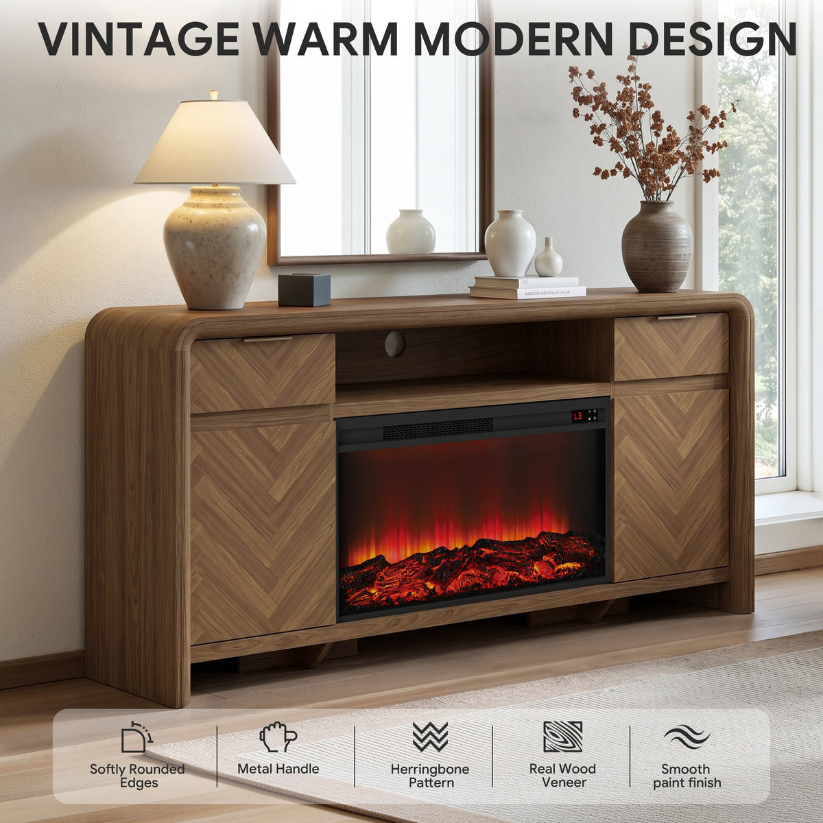 HSUNNS Warm Modern Fireplace TV Stand with Herringbone Storage Drawers & Cabinets, 63" Rounded Entertainment Center for TVs up to 70", Television Table With 30" Fireplace for Living Room