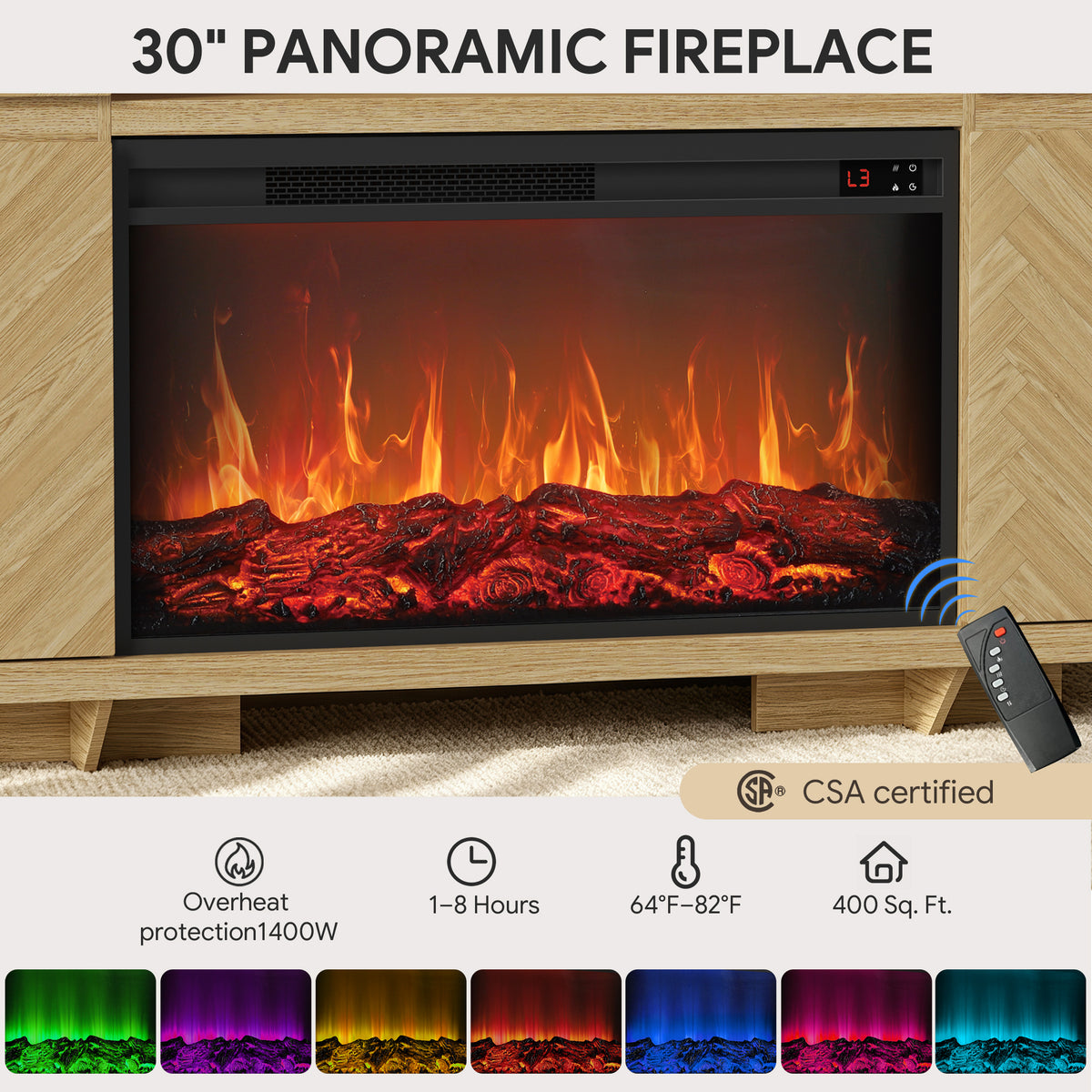 HSUNNS Warm Modern Fireplace TV Stand with Herringbone Storage Drawers & Cabinets, 63" Rounded Entertainment Center for TVs up to 70", Television Table With 30" Fireplace for Living Room