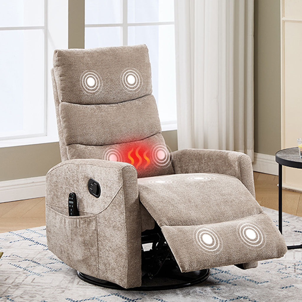 HSUNNS 360° Swivel Rocker Recliner Chair with Heat Massage, Chenille Manual Single Rocker Sofa Recliner Chair with Side Pockets for Living Room Home Theater