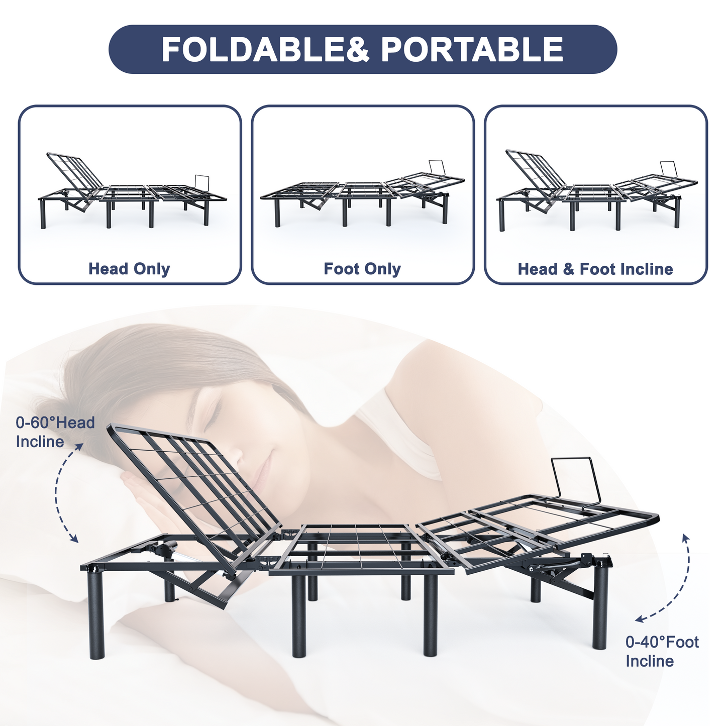 HSUNNS Adjustable Bed Frame, Individually Tilting Head and Foot with Remote, Adjustable Bed Base with Quiet Motor, Electric Bed, Queen Size