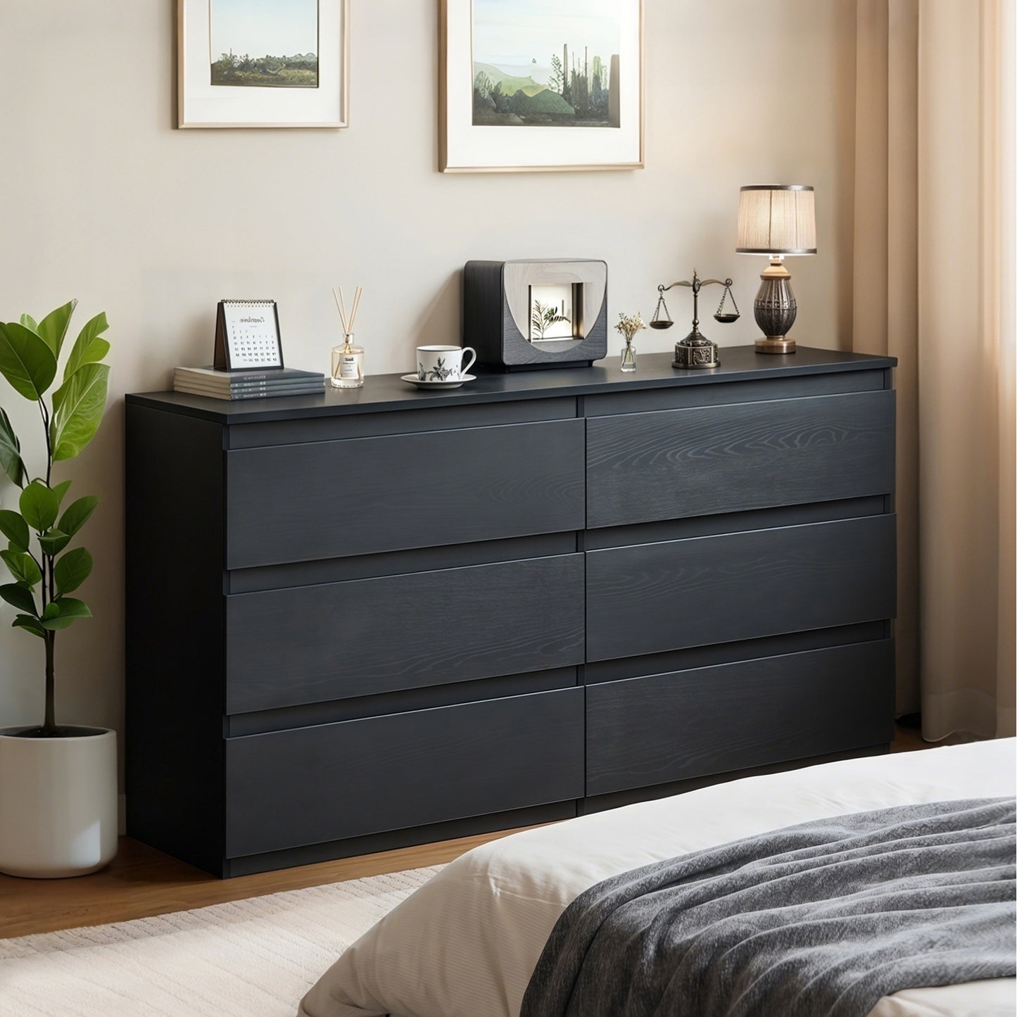 HSUNNS 6 Drawer Double Dresser, Black Storage Organizer Cabinet Chest for Bedroom Living Room