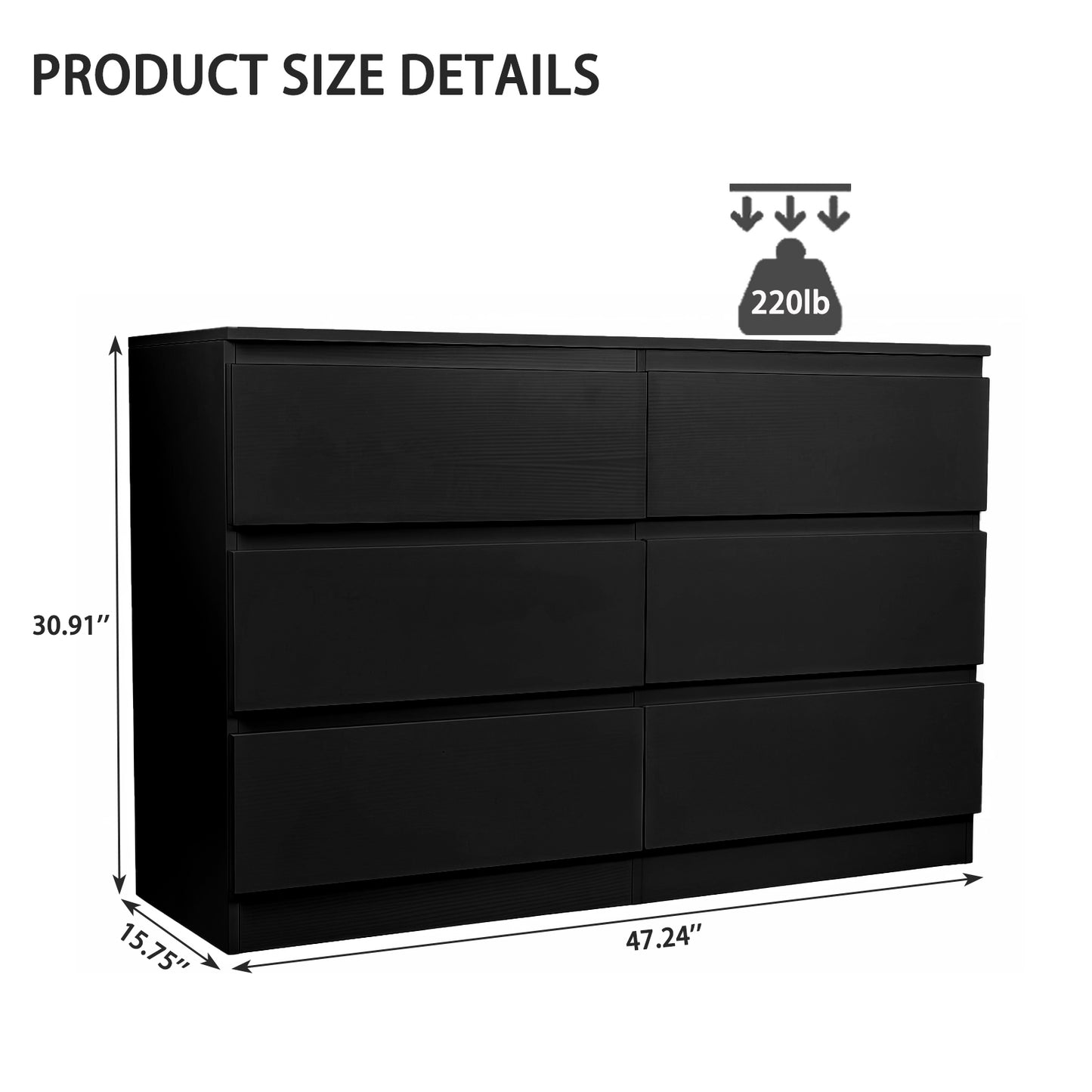 HSUNNS 6 Drawer Double Dresser, Black Storage Organizer Cabinet Chest for Bedroom Living Room