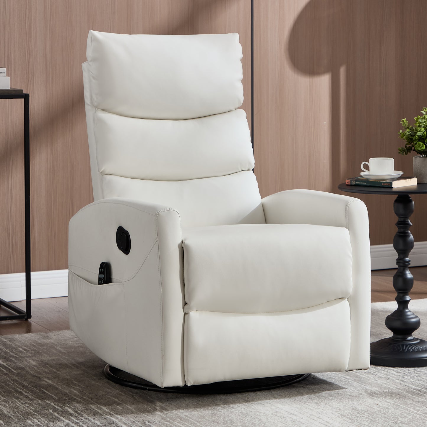HSUNNS Swivel Rocker Recliner for Adults, Faux Leather Swivel Rocker Recliner Chair with Heat Therapy and Massage, Manual Single Rocker Sofa with Side Pockets for Living Room Home Theater