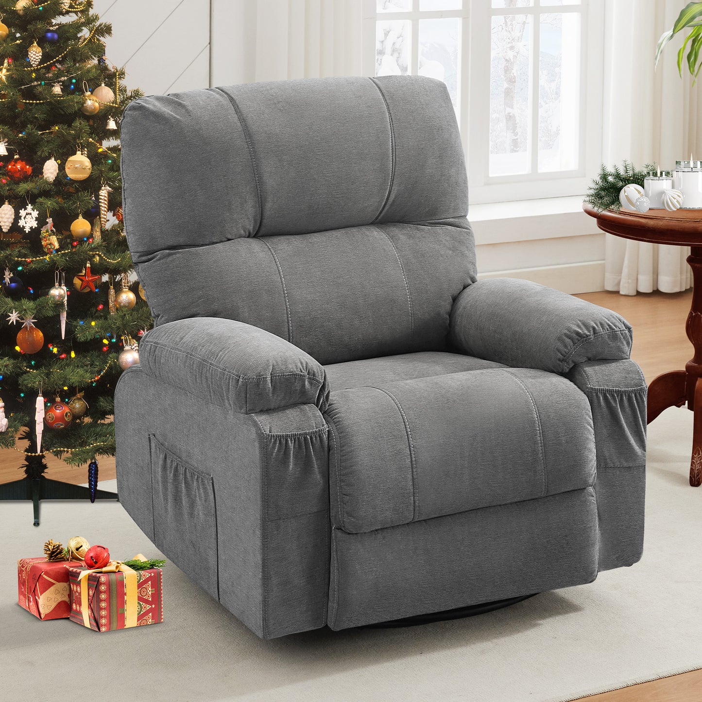 HSUNNS Swivel Recliner Chair for Adults, Oversized Recliner with 2 Side Pockets and 2 Front Pockets, Living Room Single Sofa Home Theater, Comfortable Backrest and Armrests, Light Brown