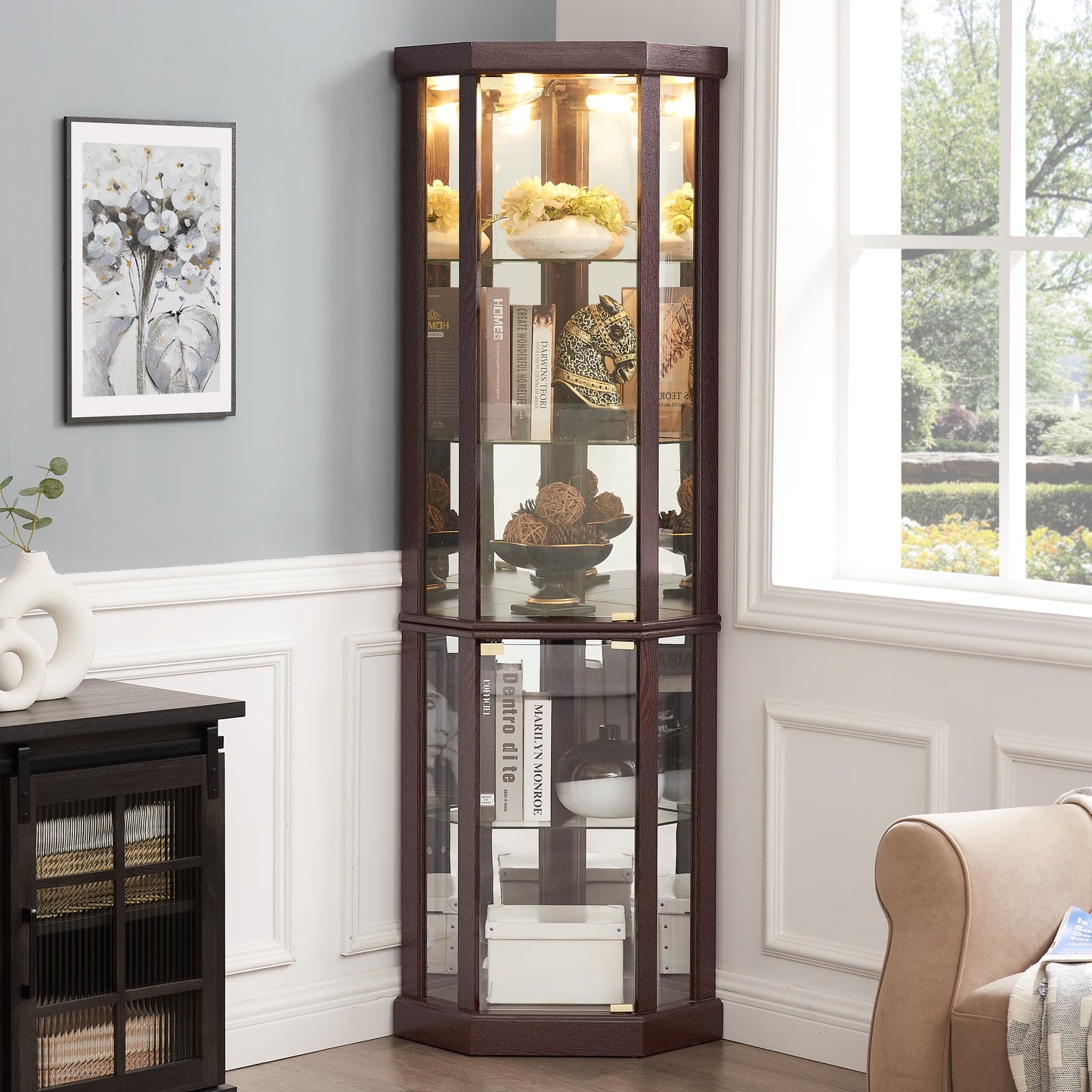 Curio Cabinets, HSUNNS 70-inch Corner Glass Display Cabinet with Adjustable Shelves & Lights - Perfect for Antique Collections, Displaying Photos, Artworks