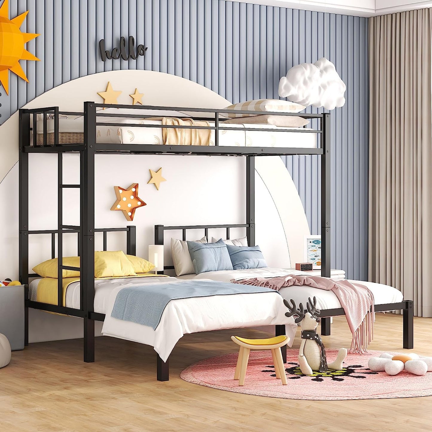 HSUNNS Metal Triple Bunk Bed Twin Over Twin&Twin for Kids, Modern Triple Bunk Bed with Guardrails and Ladder, Separable into 3 Platform Bed with Headboard, Black Twin Bed Frame for Boys Girls