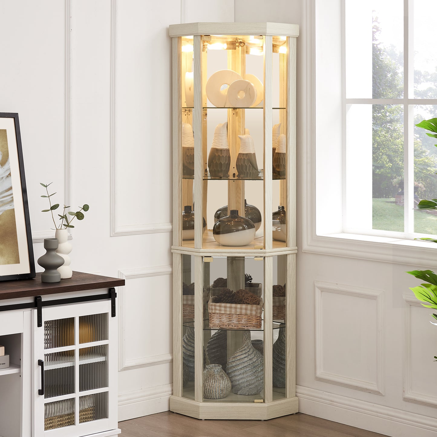 Curio Cabinets, HSUNNS 70-inch Corner Glass Display Cabinet with Adjustable Shelves & Lights - Perfect for Antique Collections, Displaying Photos, Artworks