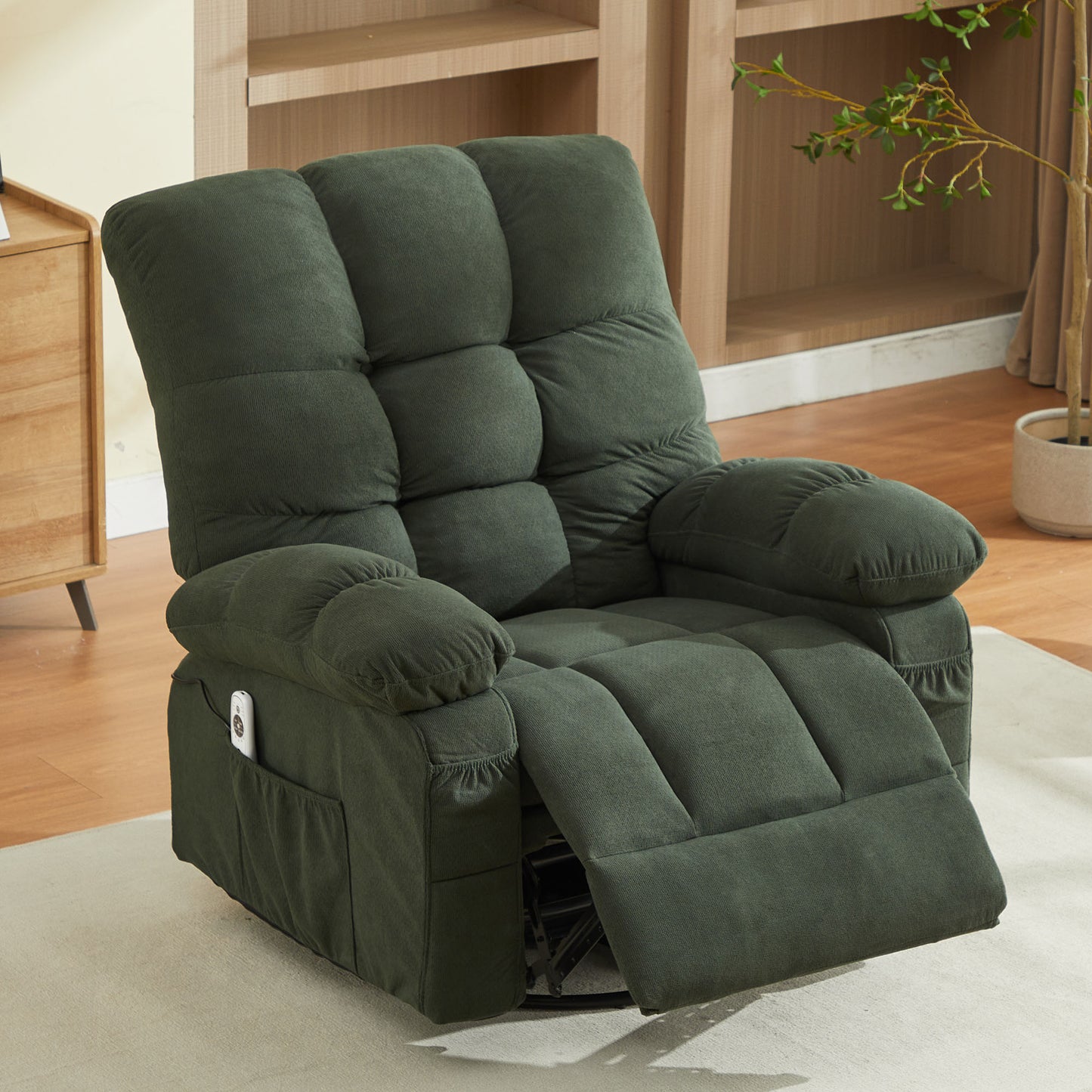 HSUNNS Oversized Swivel Recliner Chair for Adults, Living Room Fabric Recliner Chair with Massage and Heat, Single Sofa with USB Port, Side and Front Pocket, Green