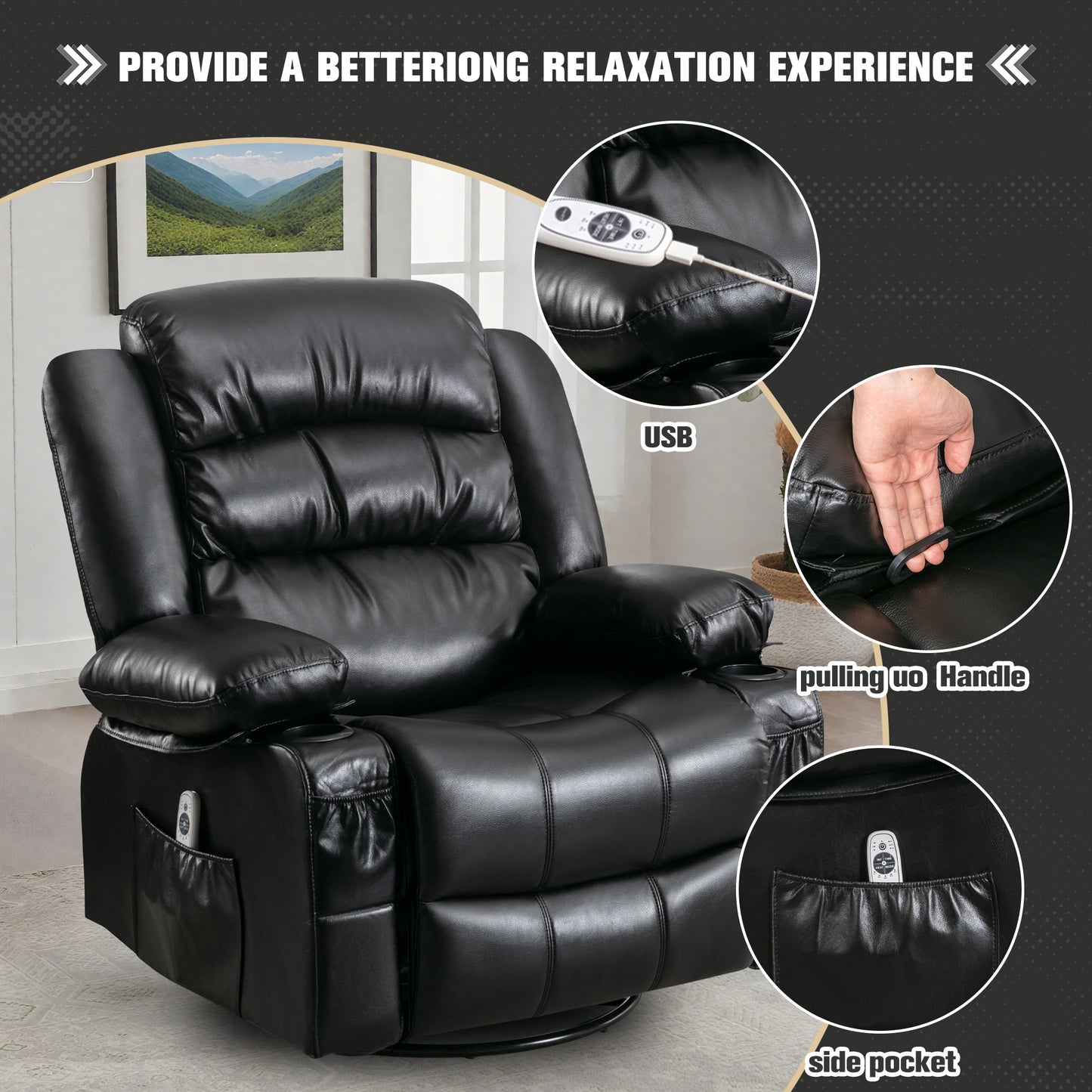 HSUNNS 360°Swivel Recliner Chair for Adults, Living Room PU Leather Recliner Chair with Massage and Heat, Single Sofa with USB Port, 2 Cup Holder, Side and Front Pocket, Black