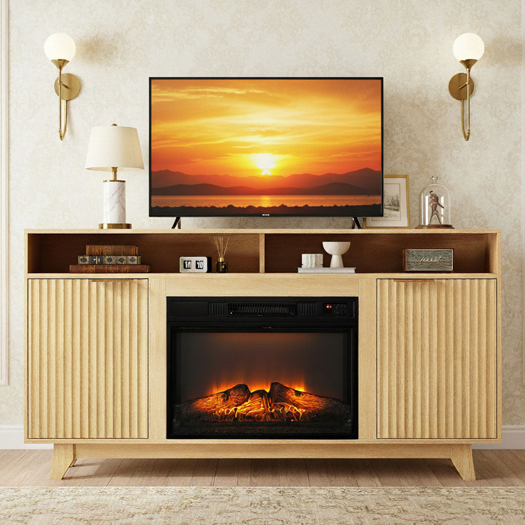 HSUNNS 58" Fireplace TV Stand with 23" Electric Fireplace Insert, Modern Media Console with Open Shelves, Oak Finish, Double Grid Doors & Gold Handles – Storage Entertainment Center for Living Room