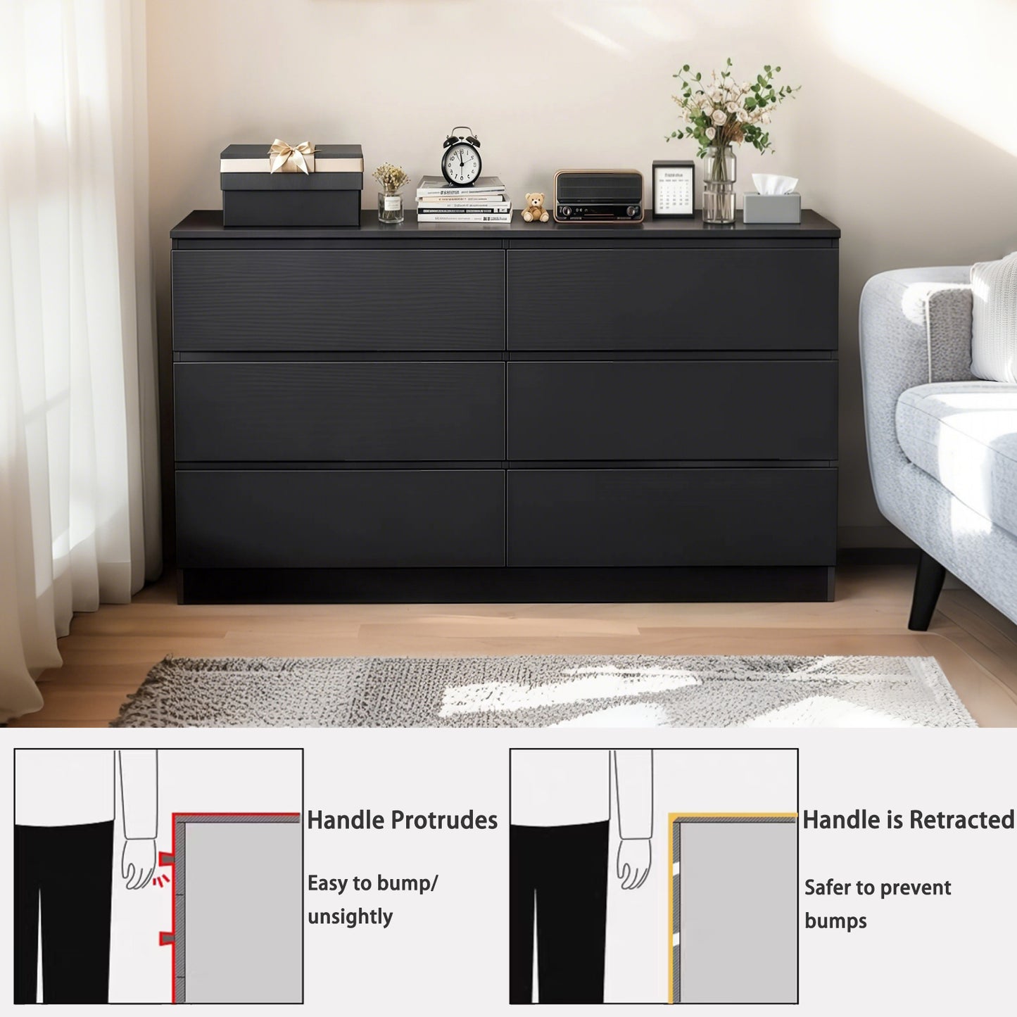 HSUNNS 6 Drawer Double Dresser, Black Storage Organizer Cabinet Chest for Bedroom Living Room