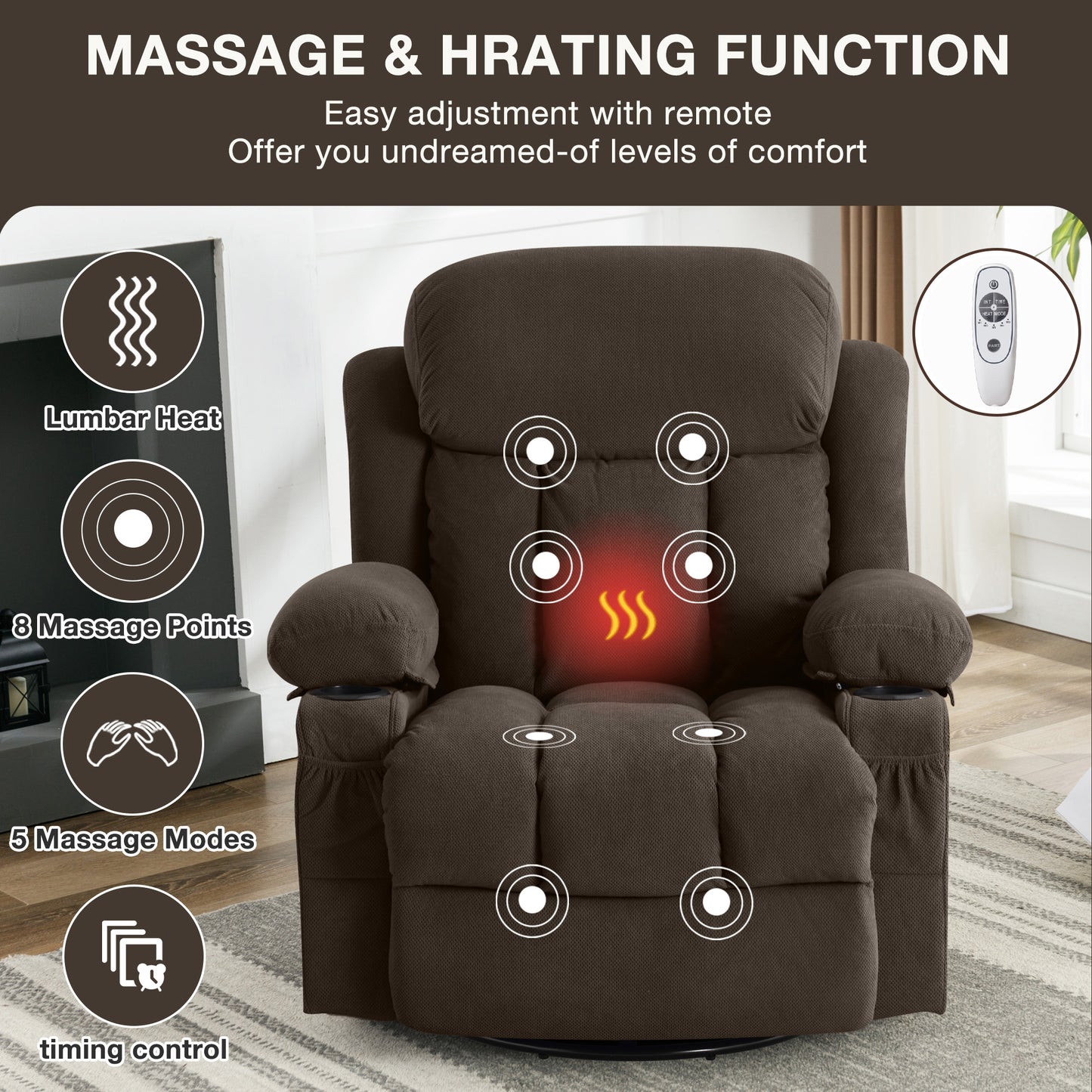 HSUNNS Manual Recliner Chair with Heat Therapy and Massage Function, Swivel Reclining Mechanism Massage Chair, Single Rocker Sofa with Cup Holders for Bedroom Home Theater, Coffee