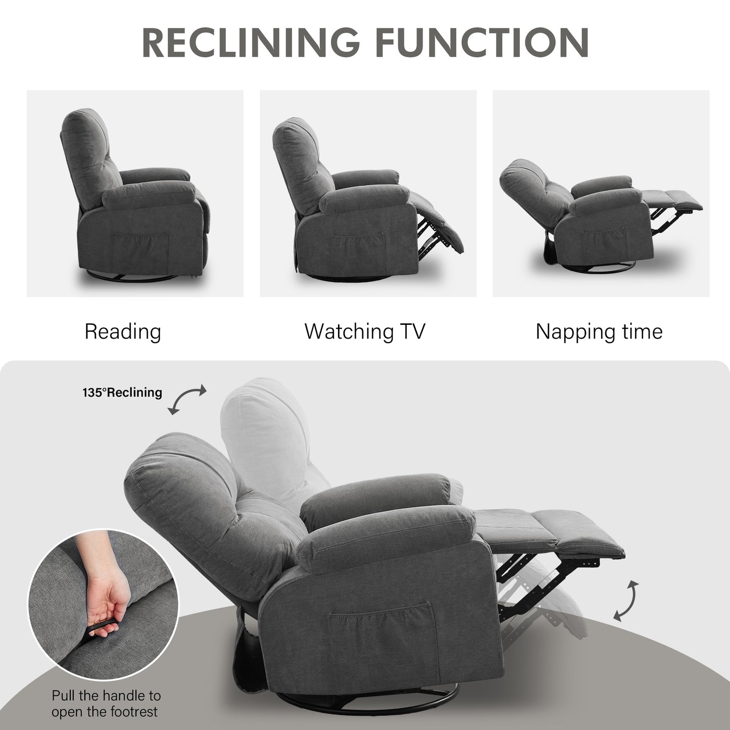 HSUNNS Swivel Recliner Chair for Adults, Oversized Recliner with 2 Side Pockets and 2 Front Pockets, Living Room Single Sofa Home Theater, Comfortable Backrest and Armrests, Light Brown