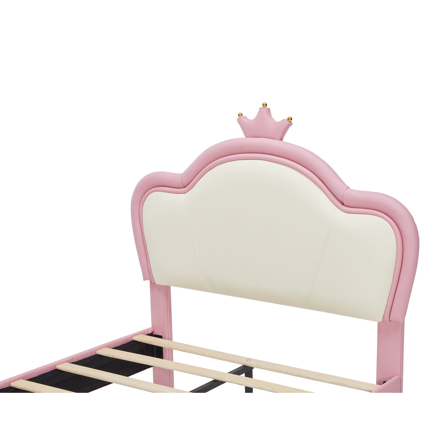 HSUNNS Twin Size Girl Bed with Crown Headboard, Soft PU Upholstered Princess Platform Bed Frame with Storage Pocket, No Spring Box Needed, Easy Assembly,Pink