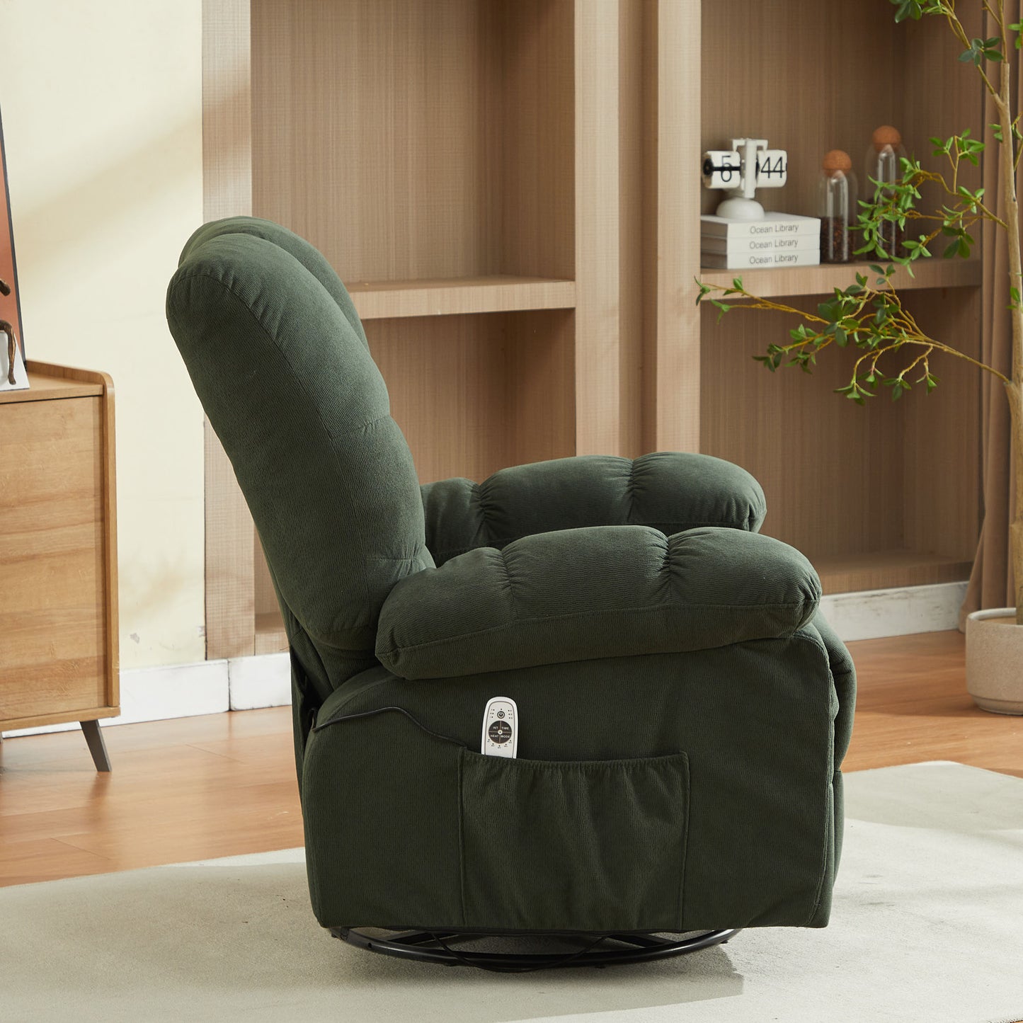 HSUNNS Oversized Swivel Recliner Chair for Adults, Living Room Fabric Recliner Chair with Massage and Heat, Single Sofa with USB Port, Side and Front Pocket, Green