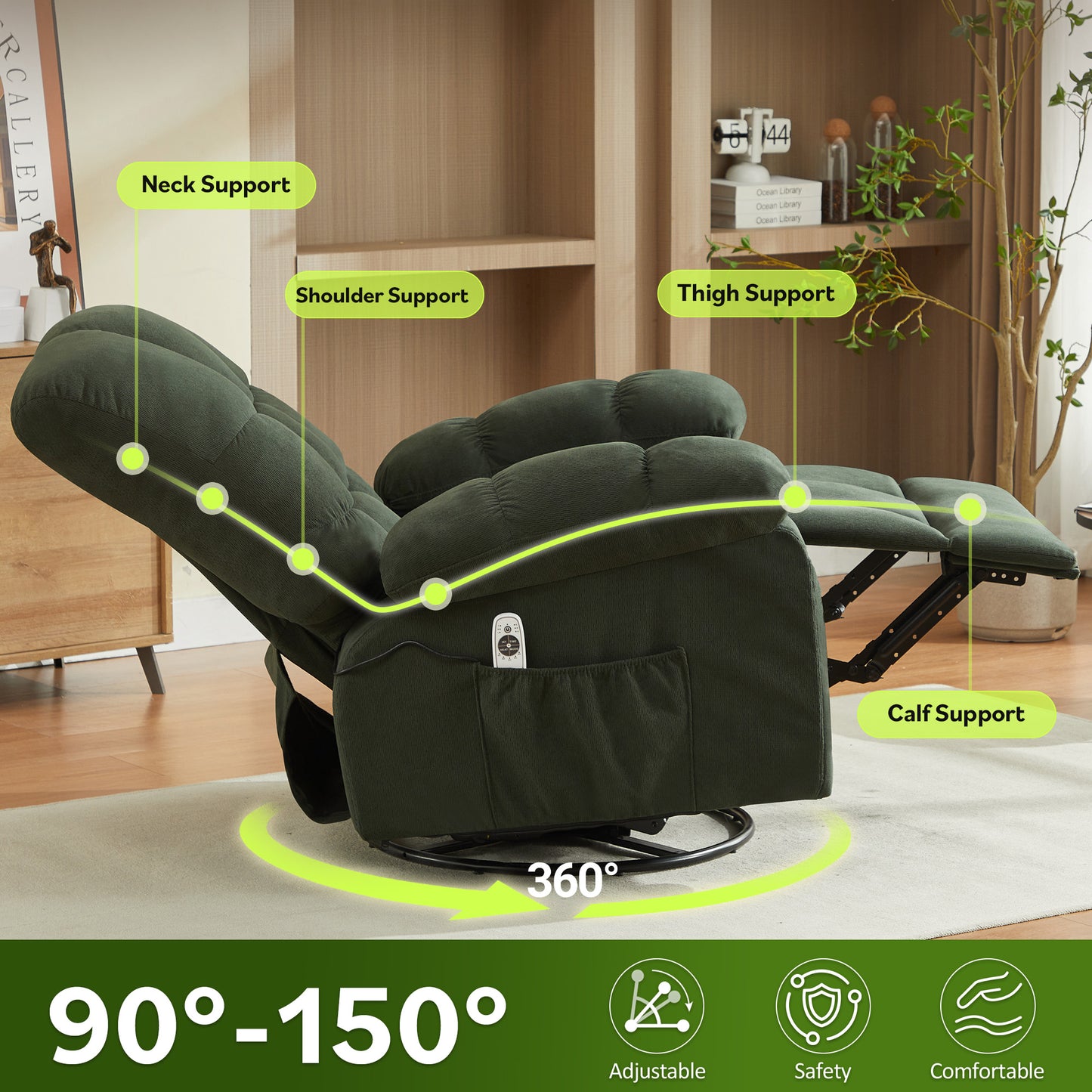 HSUNNS Oversized Swivel Recliner Chair for Adults, Living Room Fabric Recliner Chair with Massage and Heat, Single Sofa with USB Port, Side and Front Pocket, Green