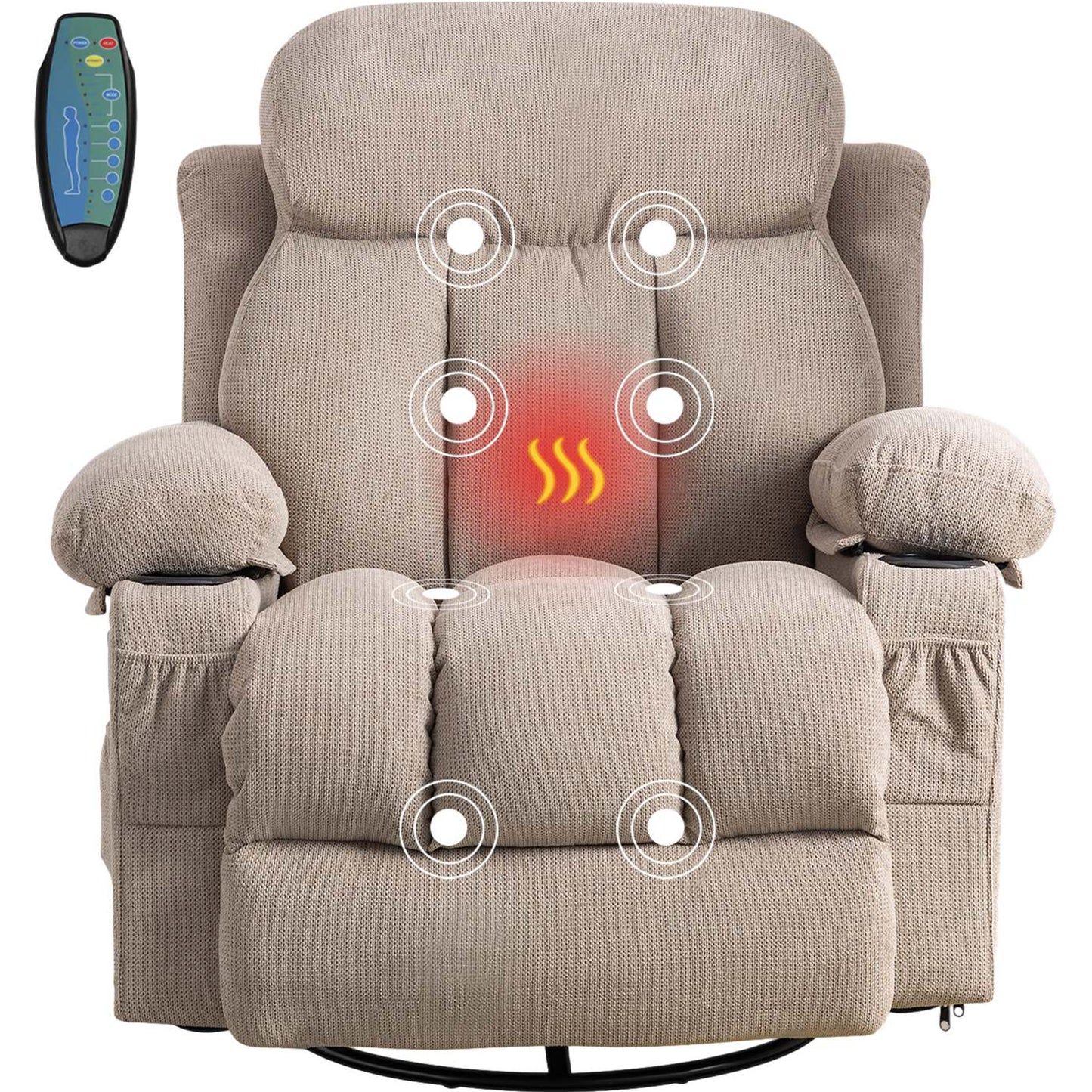 HSUNNS Recliner Chair with Heat and Massage Function, Swivel Rocker Sofa with USB and Cup Holders, Massage Chair for Adults, Heavy Duty Single Leisure Sofa Seat for Living Room Nursery, Beige