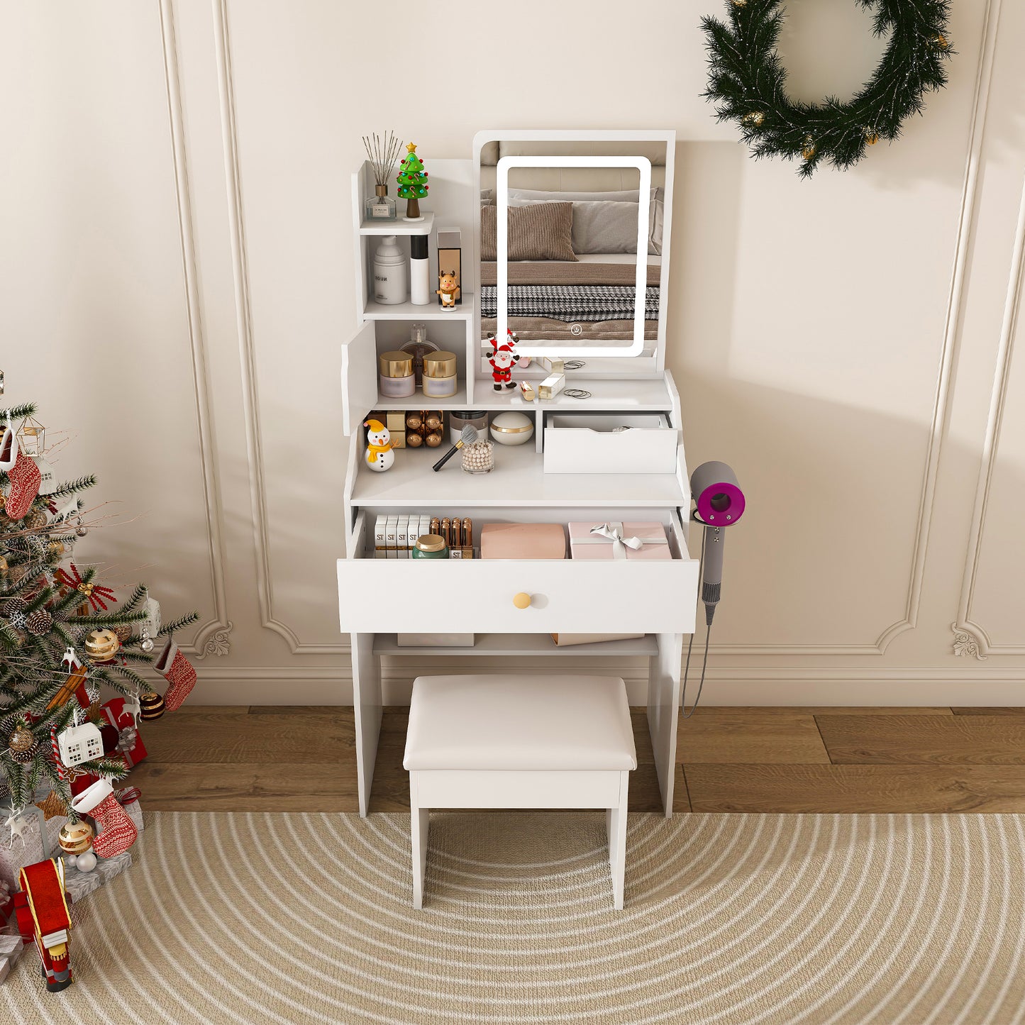 HSUNNS Lighted Makeup Vanity Table, White Dressing Desk with Charging Station and Hair Dryer Holder, Female Gift