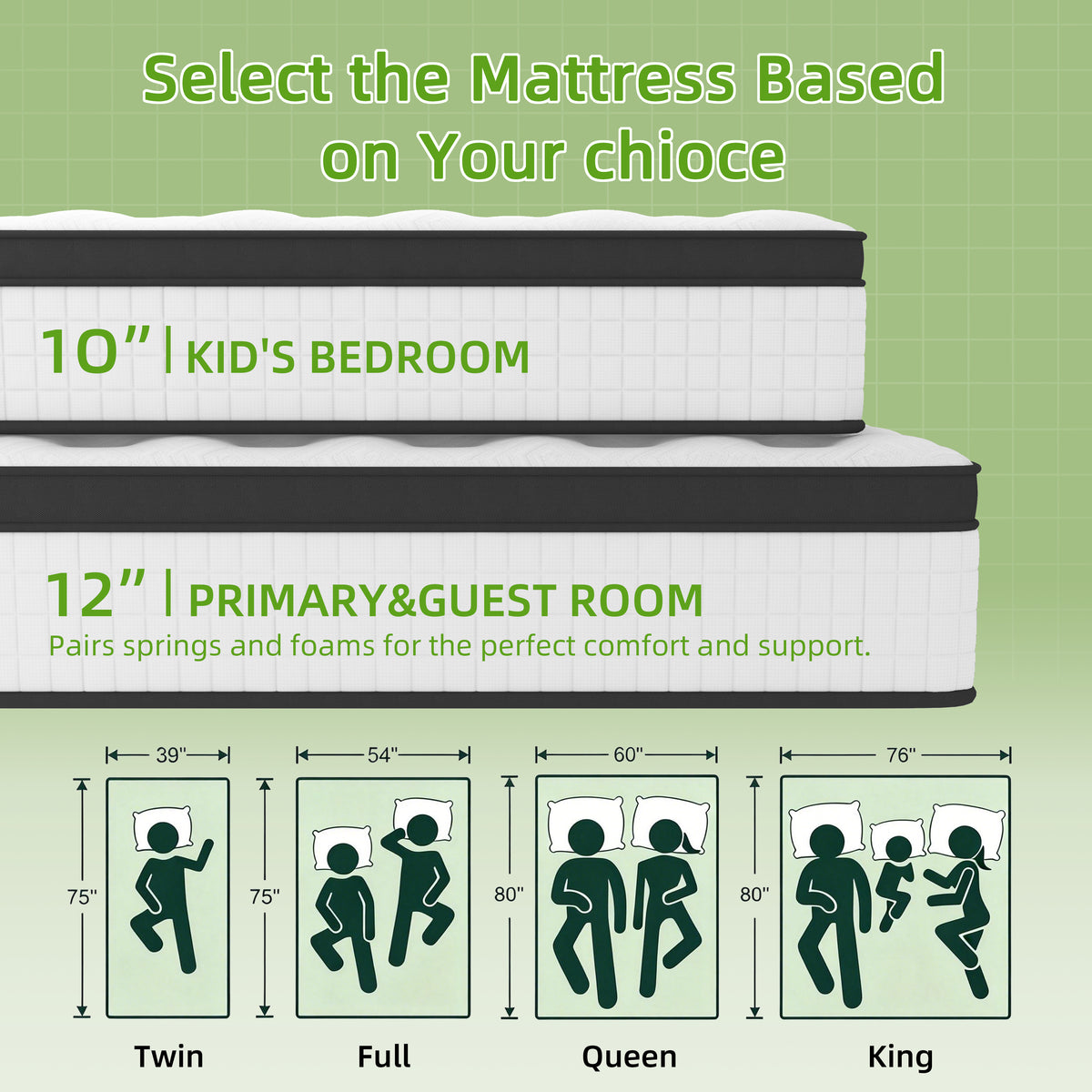 Twin Mattress 12", HSUNNS Hybrid Mattress with Gel Memory Foam and Independent Pocket Springs, Mattress in a Box, Medium Firm, Pressure Relief & Support, White