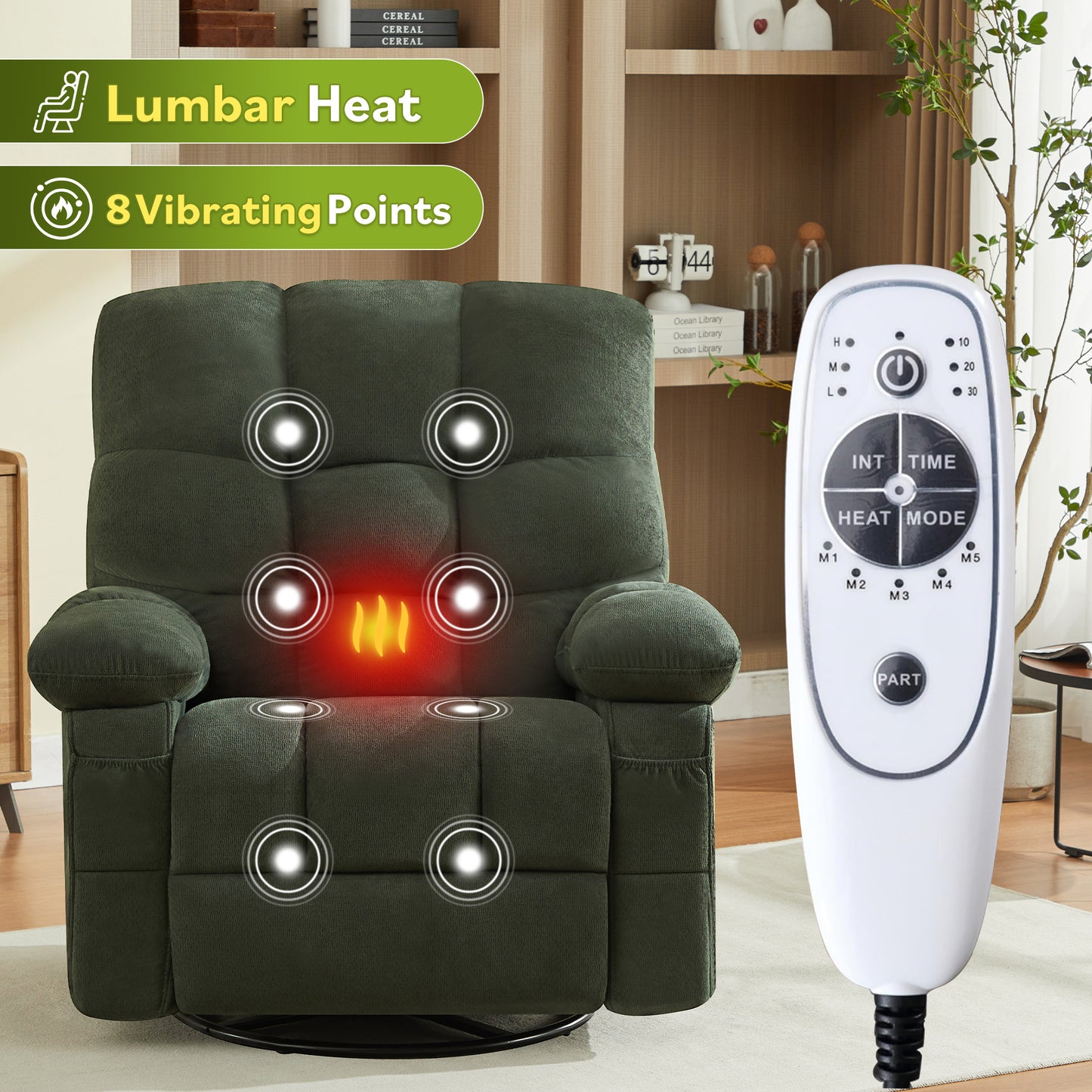 HSUNNS Oversized Swivel Recliner Chair for Adults, Living Room Fabric Recliner Chair with Massage and Heat, Single Sofa with USB Port, Side and Front Pocket, Green
