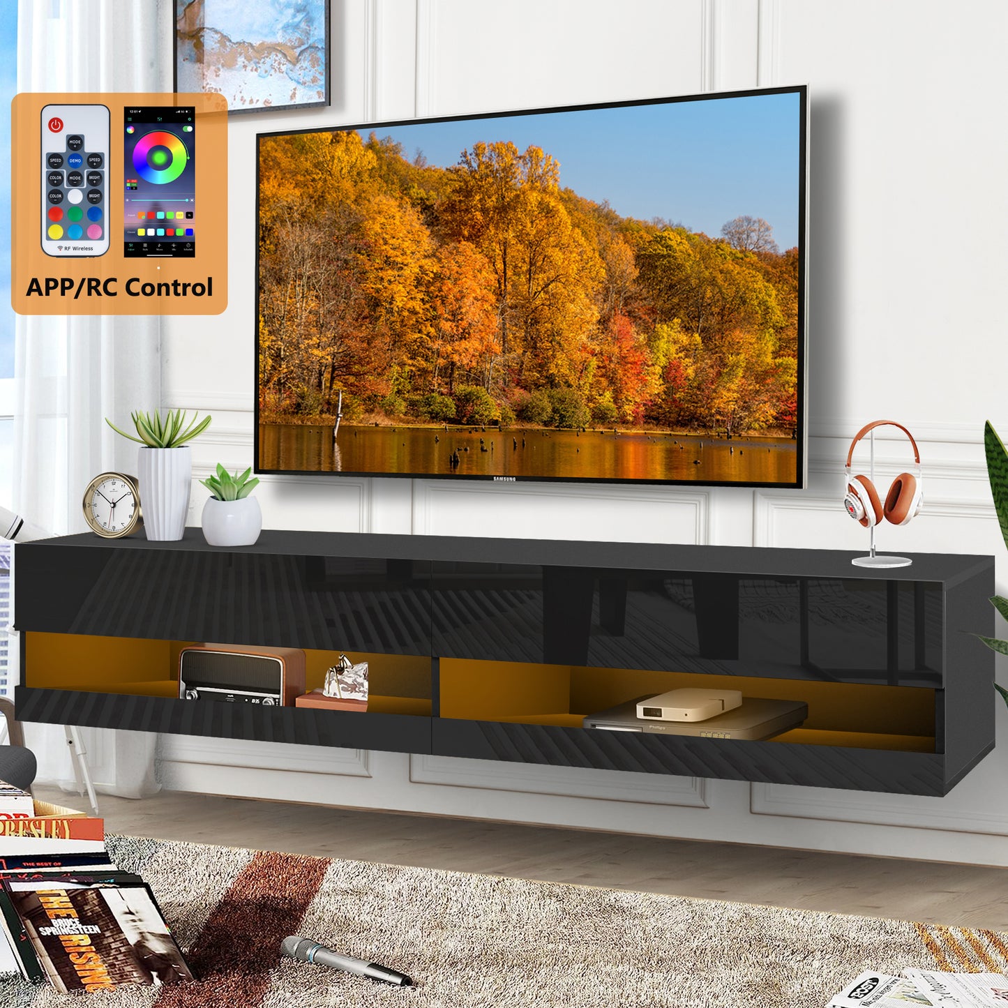 Floating TV Stand with LED Lights, HSUNNS Wall Mounted Floating Entertainment Center for up to 80" TVs, Modern Wood TV Stand Media TV Cabinet for Living Room, Bedroom, 70.9x16.5x11.8in, Black