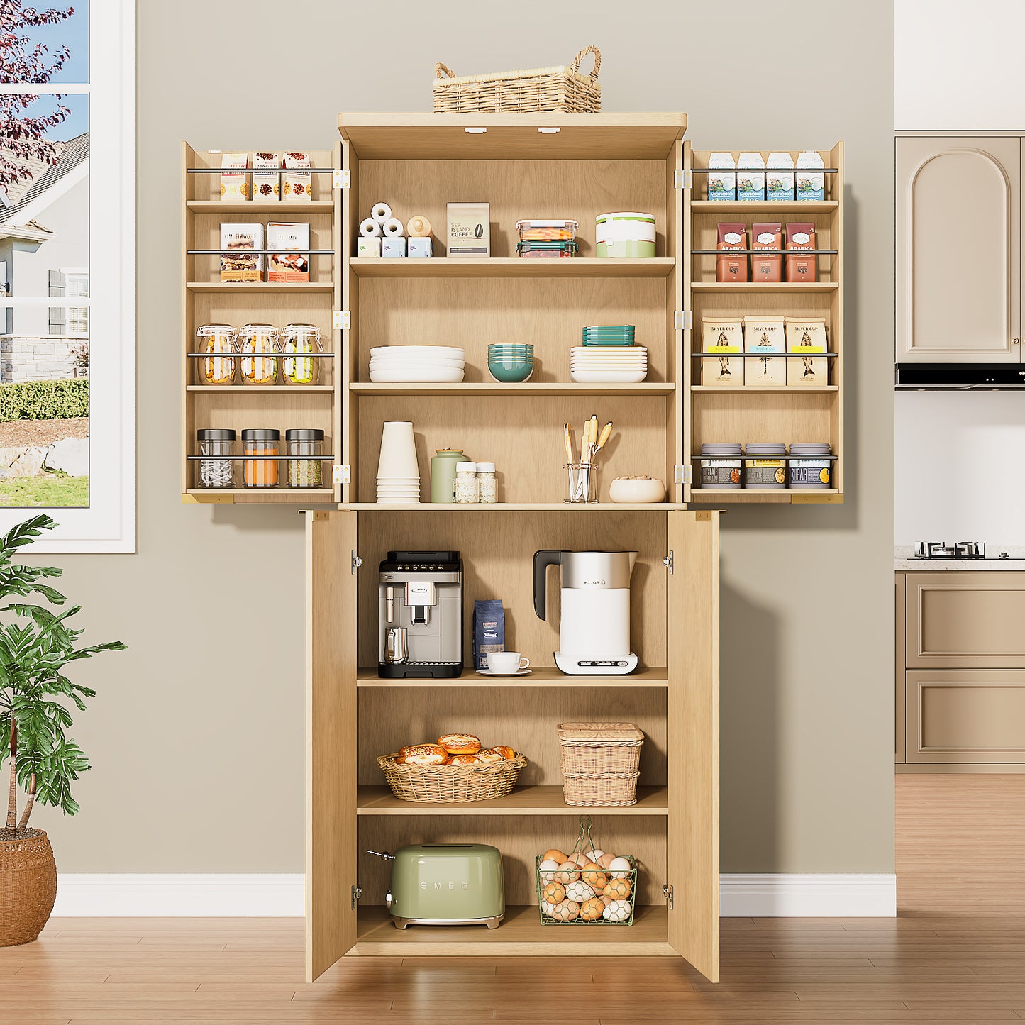 HSUNNS 72" Tall Metal Storage Cabinet with 4 Doors and 6 Adjustable Shelves, Kitchen Pantry Cabinet Freestanding Cupboard, Multifunctional Storage for Office, Kitchen, Dining Room