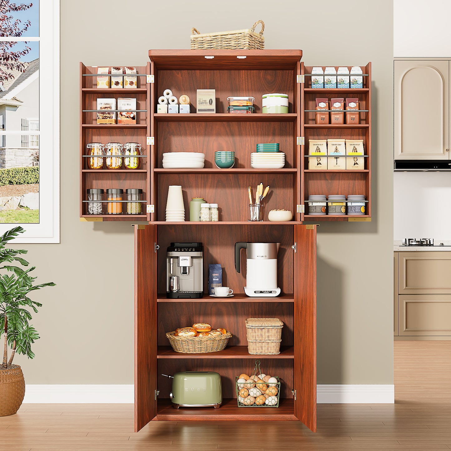 HSUNNS 72" Tall Metal Storage Cabinet with 4 Doors and 6 Adjustable Shelves, Kitchen Pantry Cabinet Freestanding Cupboard, Multifunctional Storage for Office, Kitchen, Dining Room