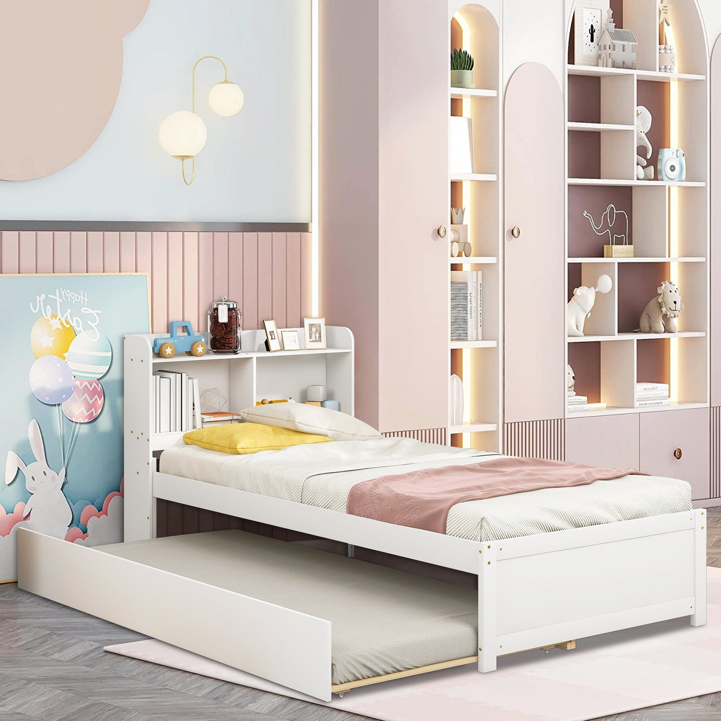 HSUNNS Twin Bed Frame with Trundle and Storage Bookcase, Modern Platform Bed Frame with Pull Out Trundle, Solid Wood Trundle Bed with Headboard and Footboard, No Box Spring Needed, White