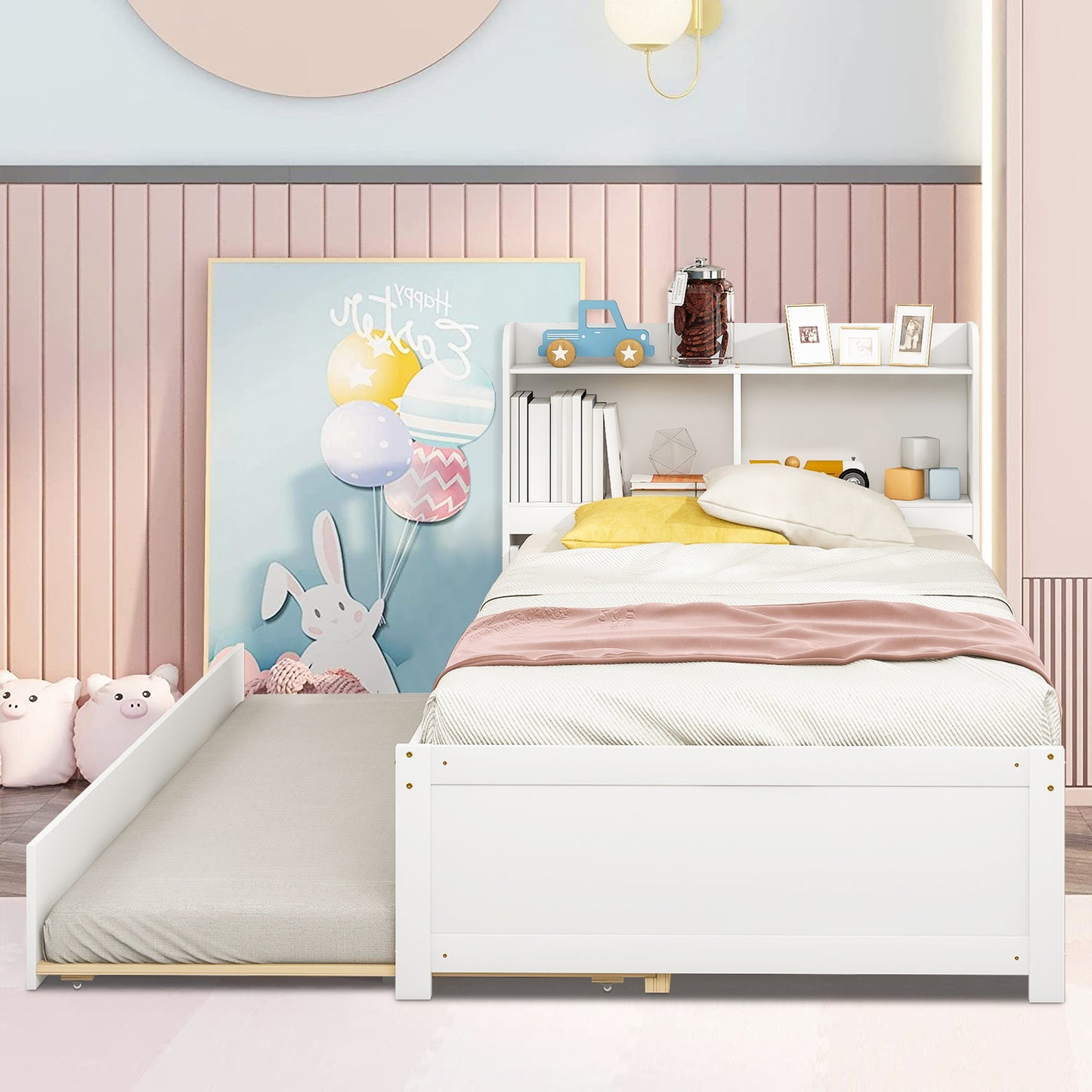 HSUNNS Twin Bed Frame with Trundle and Storage Bookcase, Modern Platform Bed Frame with Pull Out Trundle, Solid Wood Trundle Bed with Headboard and Footboard, No Box Spring Needed, White