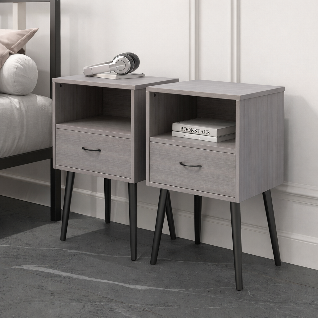 HSUNNS Nightstand Set 2, Modern Bedside Table with Storage Drawer and Open Wood Shelf, Modern Bedroom Bedside Table with Large Storage Space, Easy Assembly
