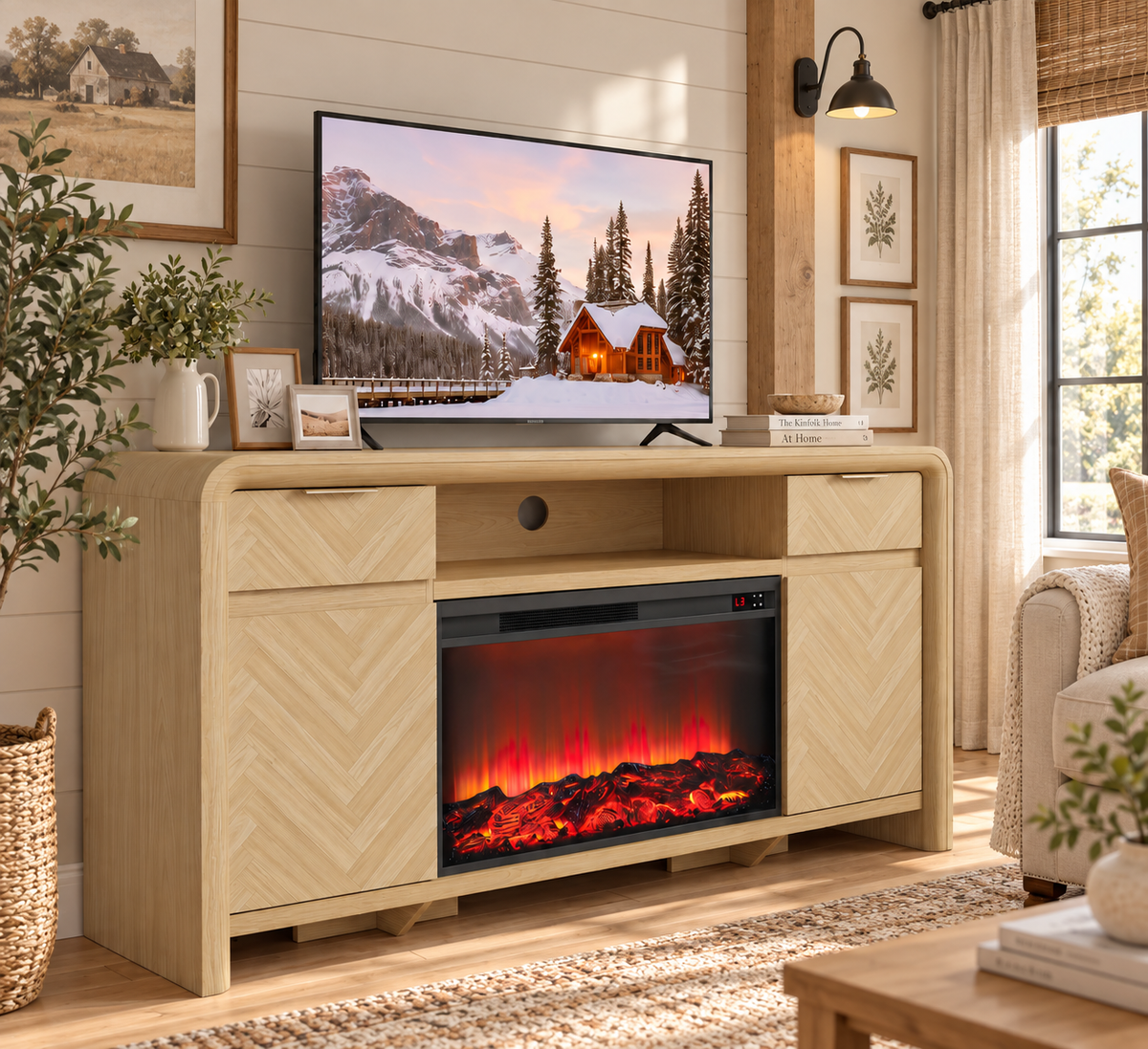 HSUNNS Warm Modern Fireplace TV Stand with Herringbone Storage Drawers & Cabinets, 63" Rounded Entertainment Center for TVs up to 70", Television Table With 30" Fireplace for Living Room