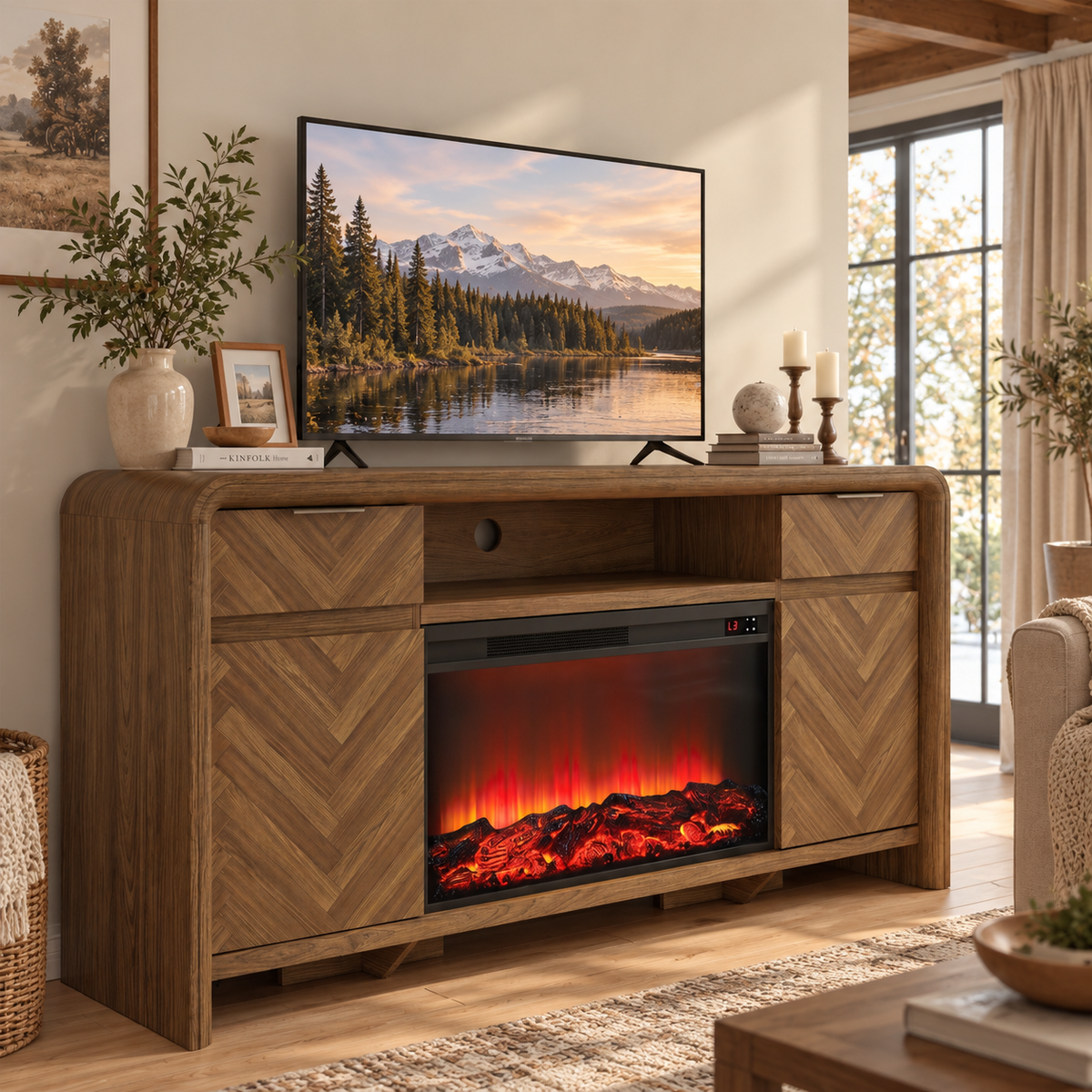 HSUNNS Warm Modern Fireplace TV Stand with Herringbone Storage Drawers & Cabinets, 63" Rounded Entertainment Center for TVs up to 70", Television Table With 30" Fireplace for Living Room