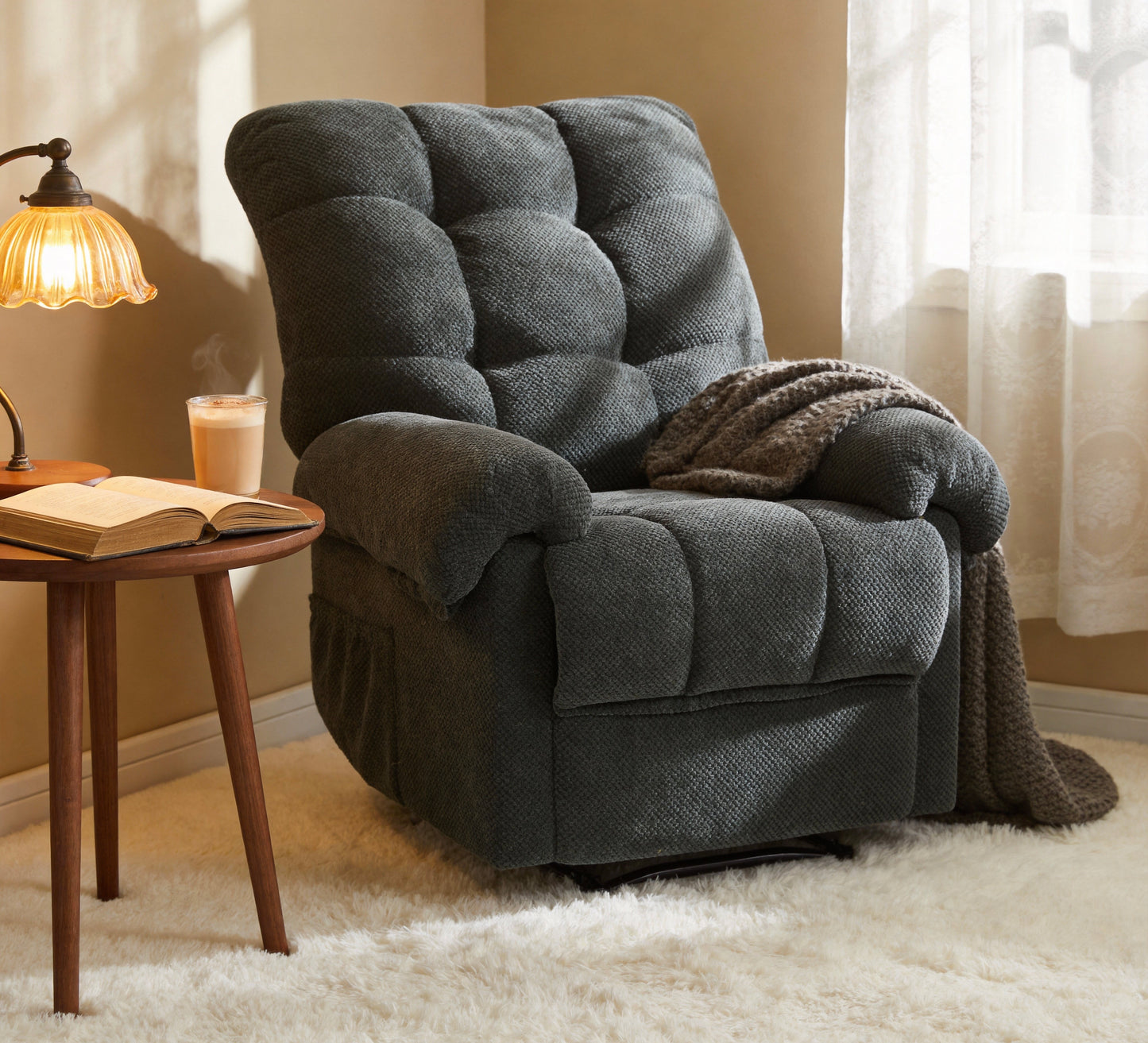 HSUNNS Recliner Chair, Overstuffed Armchair with Padded Footrest, Manual Reclining Lounge Chair for Living Room, Home Theater, Soft Fabric Ergonomic Reading Chair