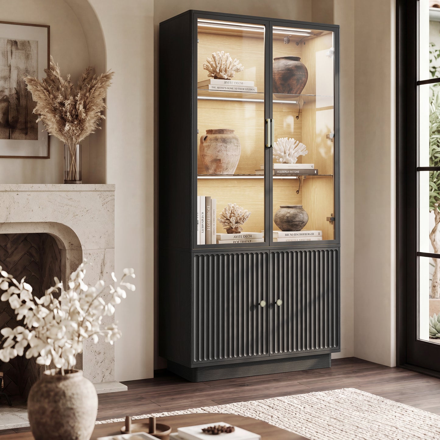 HSUNNS Display Cabinet with Glass Doors, 67" Storage Cabinet with LED Lights, Curio Cabinet, Modern Collection Display Case - Perfect for Antique Collections, Displaying Photos, Artworks