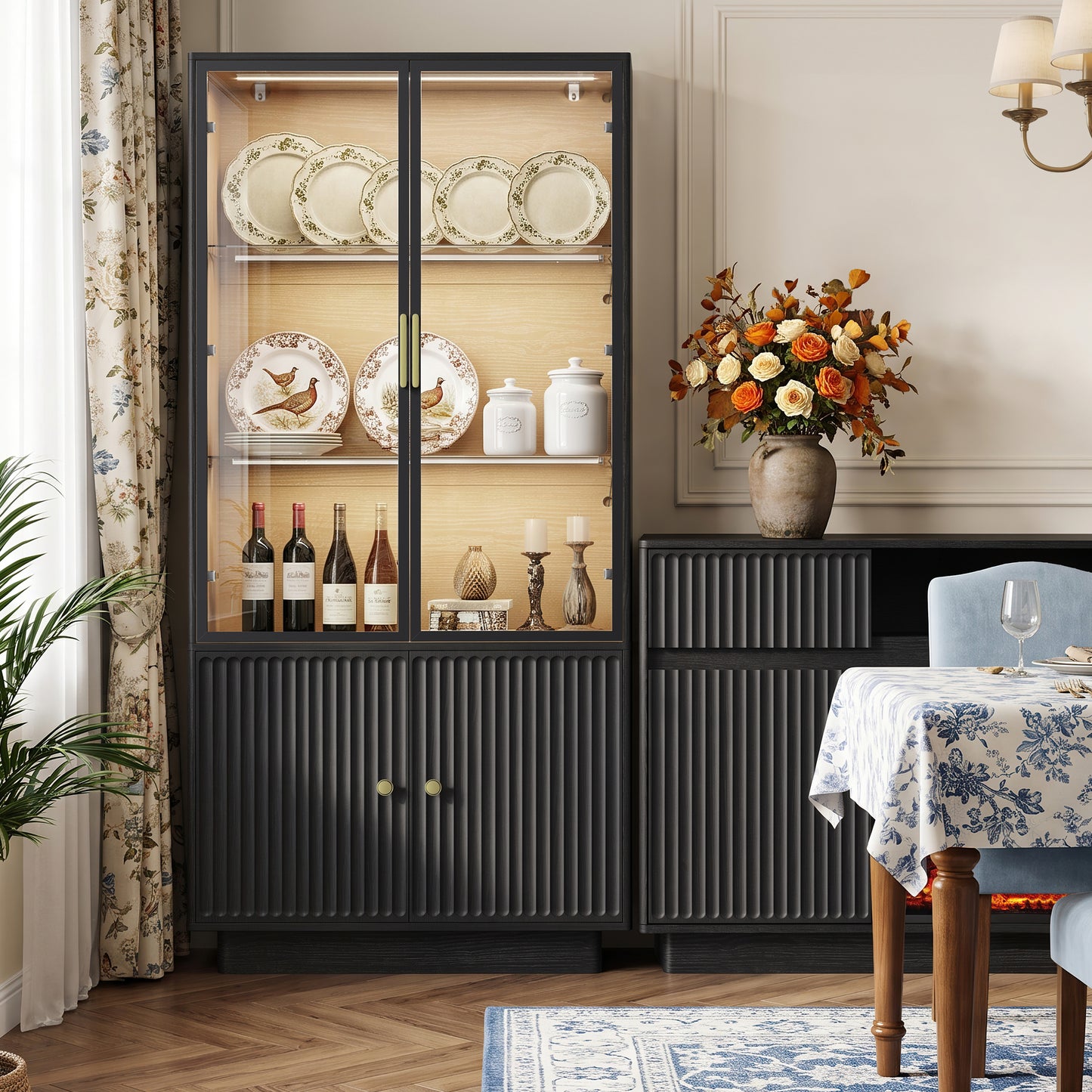 HSUNNS Display Cabinet with Glass Doors, 67" Storage Cabinet with LED Lights, Curio Cabinet, Modern Collection Display Case - Perfect for Antique Collections, Displaying Photos, Artworks