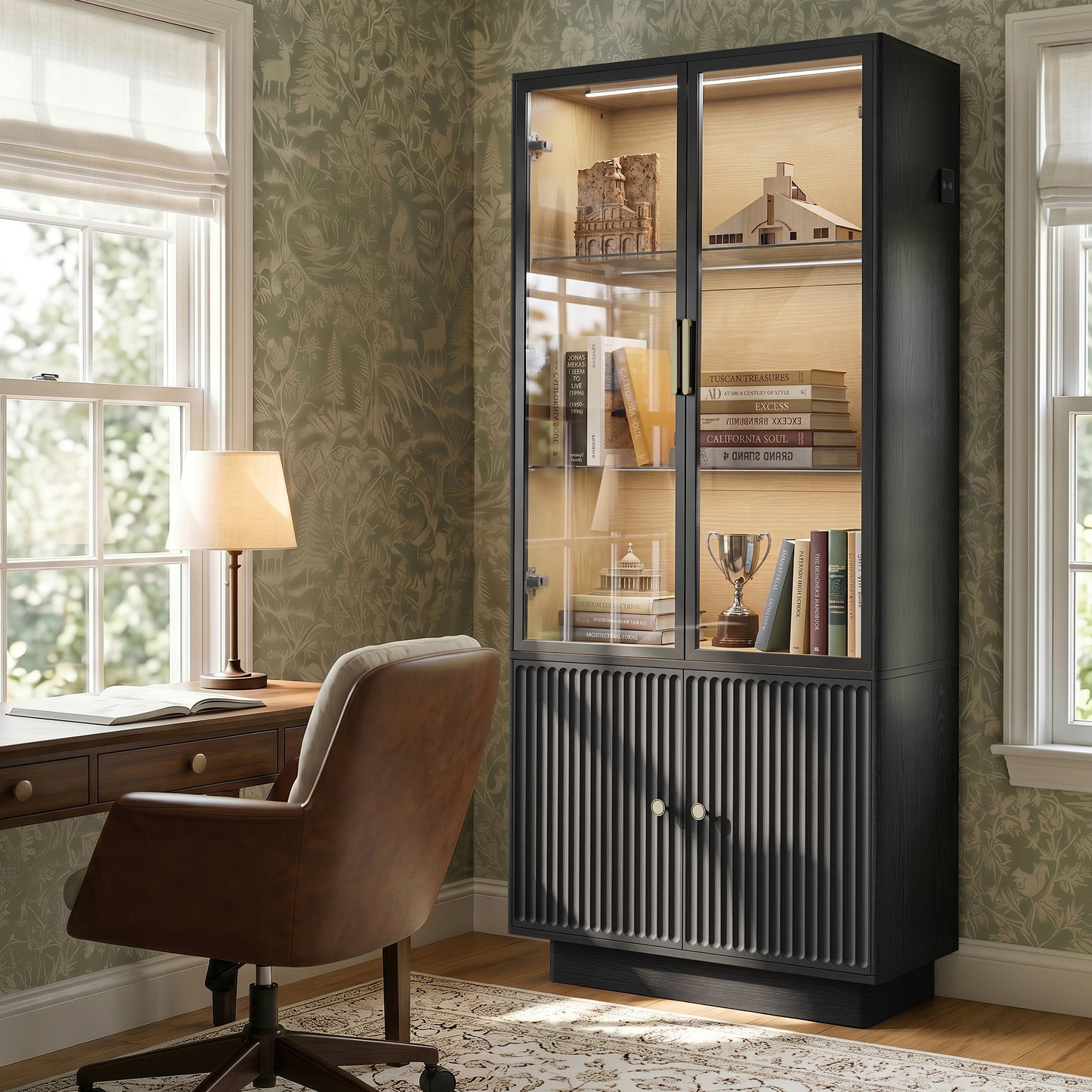 HSUNNS Display Cabinet with Glass Doors, 67" Storage Cabinet with LED Lights, Curio Cabinet, Modern Collection Display Case - Perfect for Antique Collections, Displaying Photos, Artworks