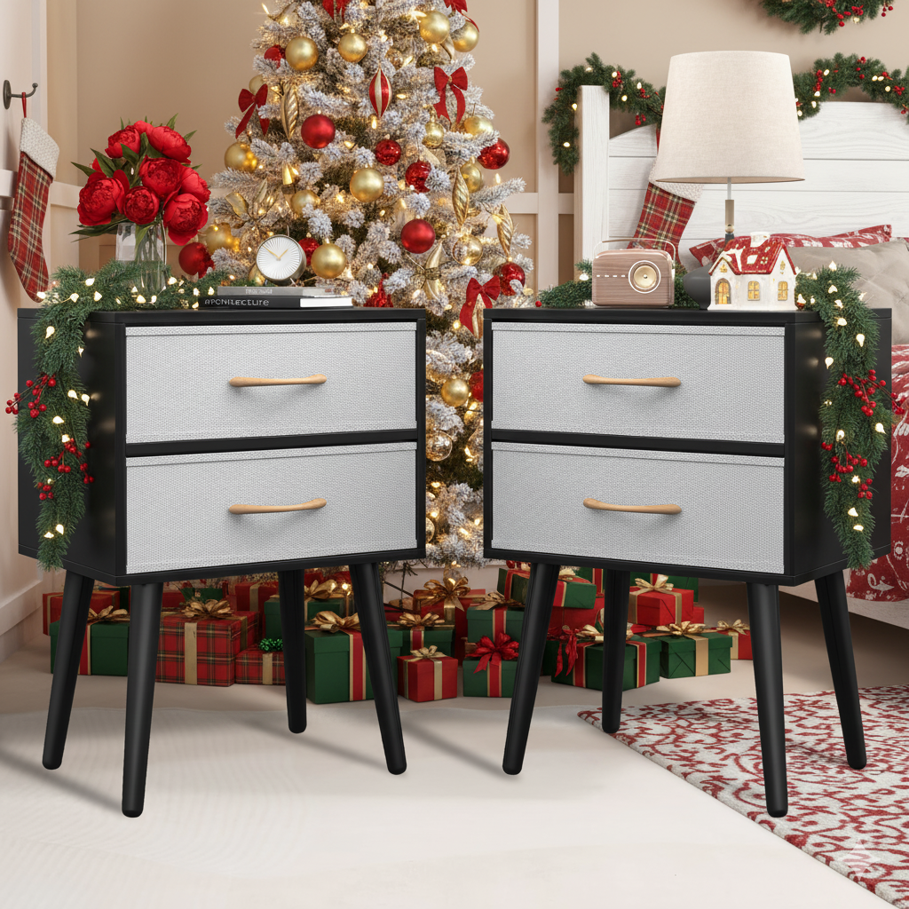 HSUNNS Night Stand Set 2 with 2 Rattan Cloth Drawers, Modern Bedroom Bedside Table with Large Storage Space and Metal Legs, Easy Assembly