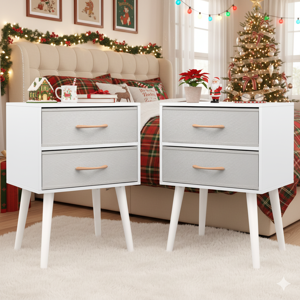 HSUNNS Night Stand Set 2 with 2 Rattan Cloth Drawers, Modern Bedroom Bedside Table with Large Storage Space and Metal Legs, Easy Assembly