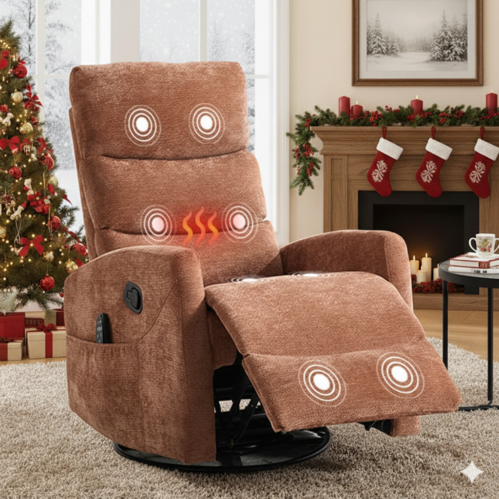 HSUNNS 360° Swivel Rocker Recliner Chair with Heat Massage, Chenille Manual Single Rocker Sofa Recliner Chair with Side Pockets for Living Room Home Theater