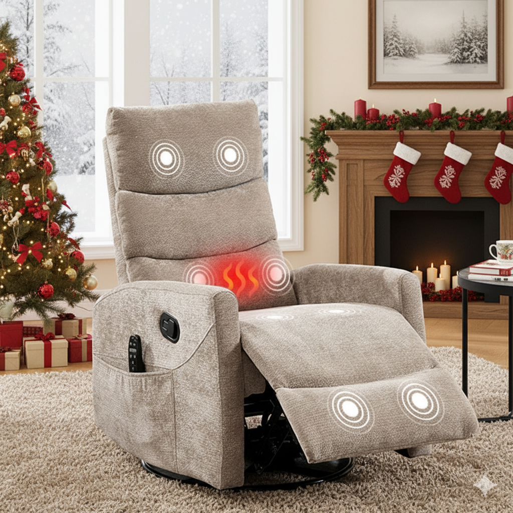 HSUNNS 360° Swivel Rocker Recliner Chair with Heat Massage, Chenille Manual Single Rocker Sofa Recliner Chair with Side Pockets for Living Room Home Theater