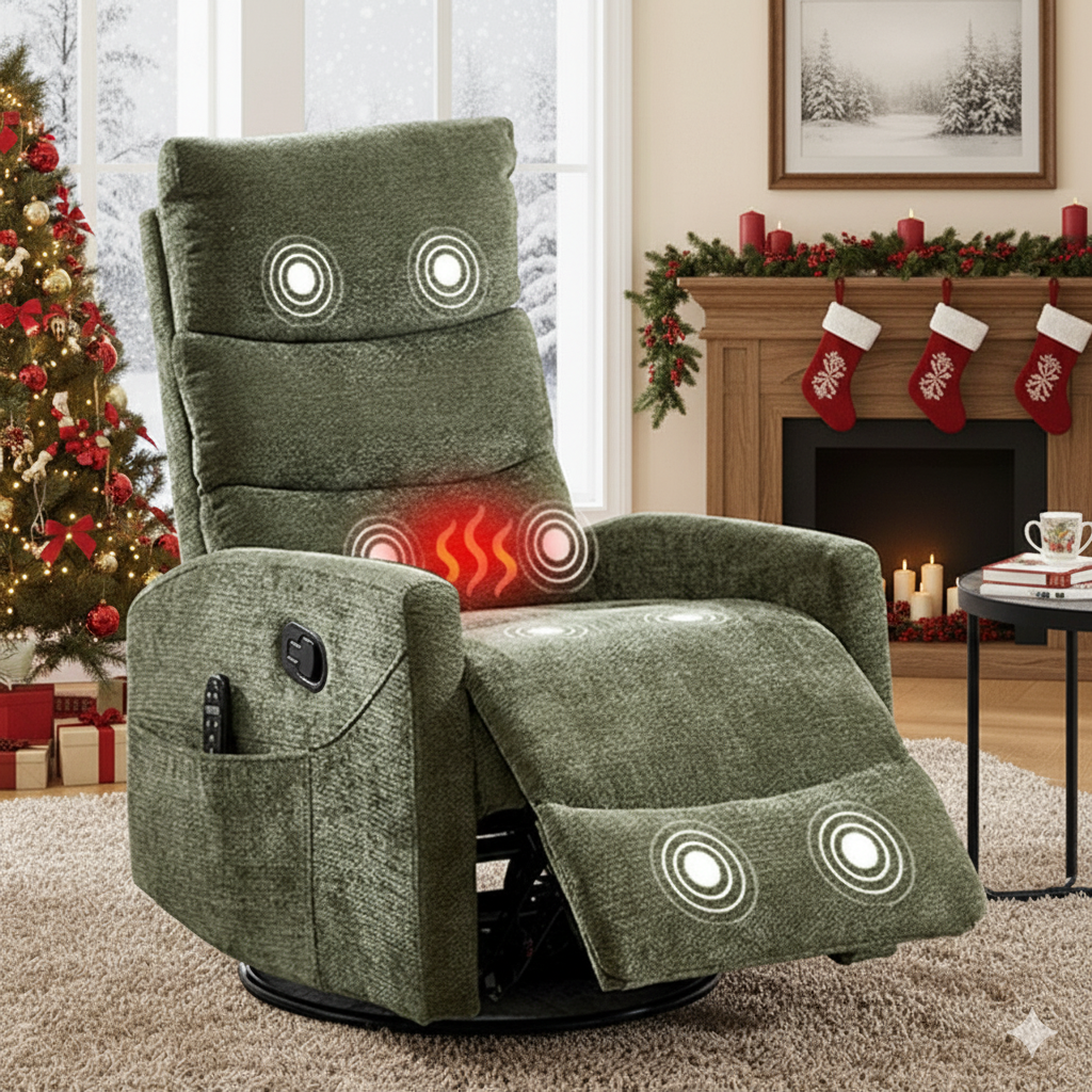 HSUNNS 360° Swivel Rocker Recliner Chair with Heat Massage, Chenille Manual Single Rocker Sofa Recliner Chair with Side Pockets for Living Room Home Theater
